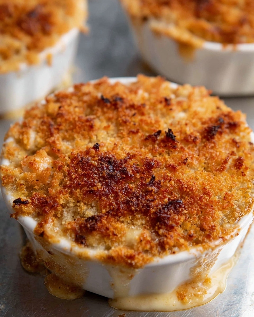 The image shows a close-up of a round white ceramic dish filled with a warm baked casserole topped with a thick, golden-brown crumb crust that looks crunchy and bubbly. The crispy crumbs cover the whole surface with different shades of light brown and darker fried spots. The casserole filling beneath is slightly visible along the sides where it simmers and spills over, showing a creamy, smooth texture in light beige tones. The dish sits on a slightly shiny metal tray with a few browned spots underneath from baking, and another similar dish is blurred in the background. photo taken with an iphone --ar 4:5 --v 7