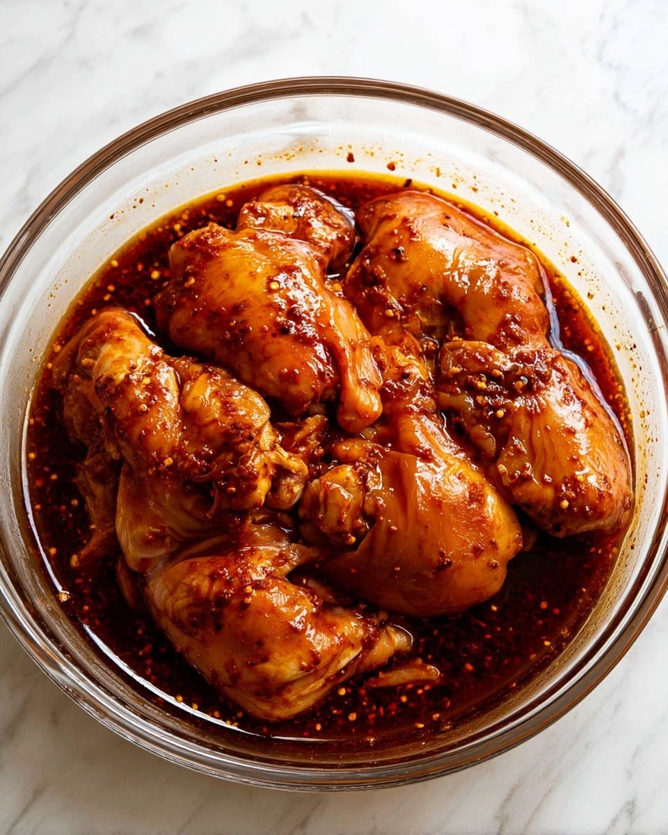 A clear glass bowl holds several pieces of raw chicken covered in a thick, dark reddish-brown sauce with visible specks of spices. The chicken pieces are arranged close together, fully soaked and glistening with the marinade. The bowl sits on a white marbled surface. photo taken with an iphone --ar 4:5 --v 7