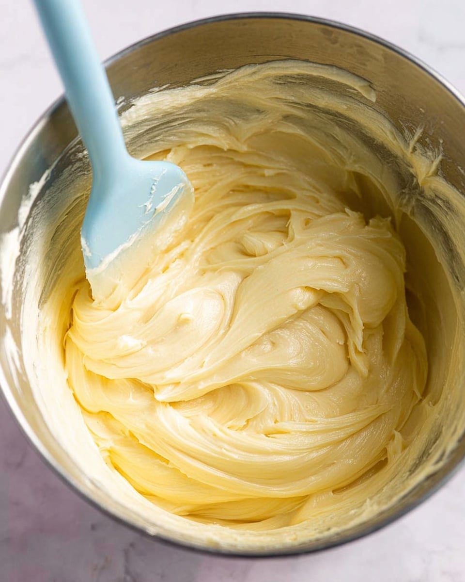 A close-up view of a single shiny silver mixing bowl filled with light yellow, fluffy, smooth batter with soft peaks and swirls throughout the thick mixture. A light blue spatula with some batter on its tip is partially inside the bowl on the left side, resting against the batter. The bowl is on a white marbled surface. The photo is bright and clear, showing the thick texture of the batter up close photo taken with an iphone --ar 4:5 --v 7