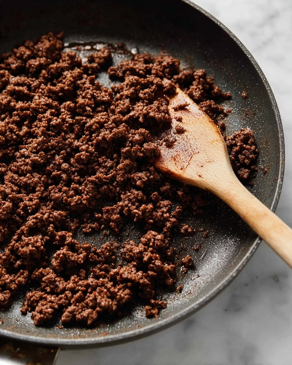 A close-up view of a black frying pan filled with cooked ground meat, showing small crumbly pieces that are dark brown and slightly shiny from oil. There is a wooden spatula resting on the right side inside the pan, partially covered with bits of meat. The pan is placed on a white marbled surface, highlighting the rich color and texture of the cooked meat. The photo taken with an iphone --ar 4:5 --v 7