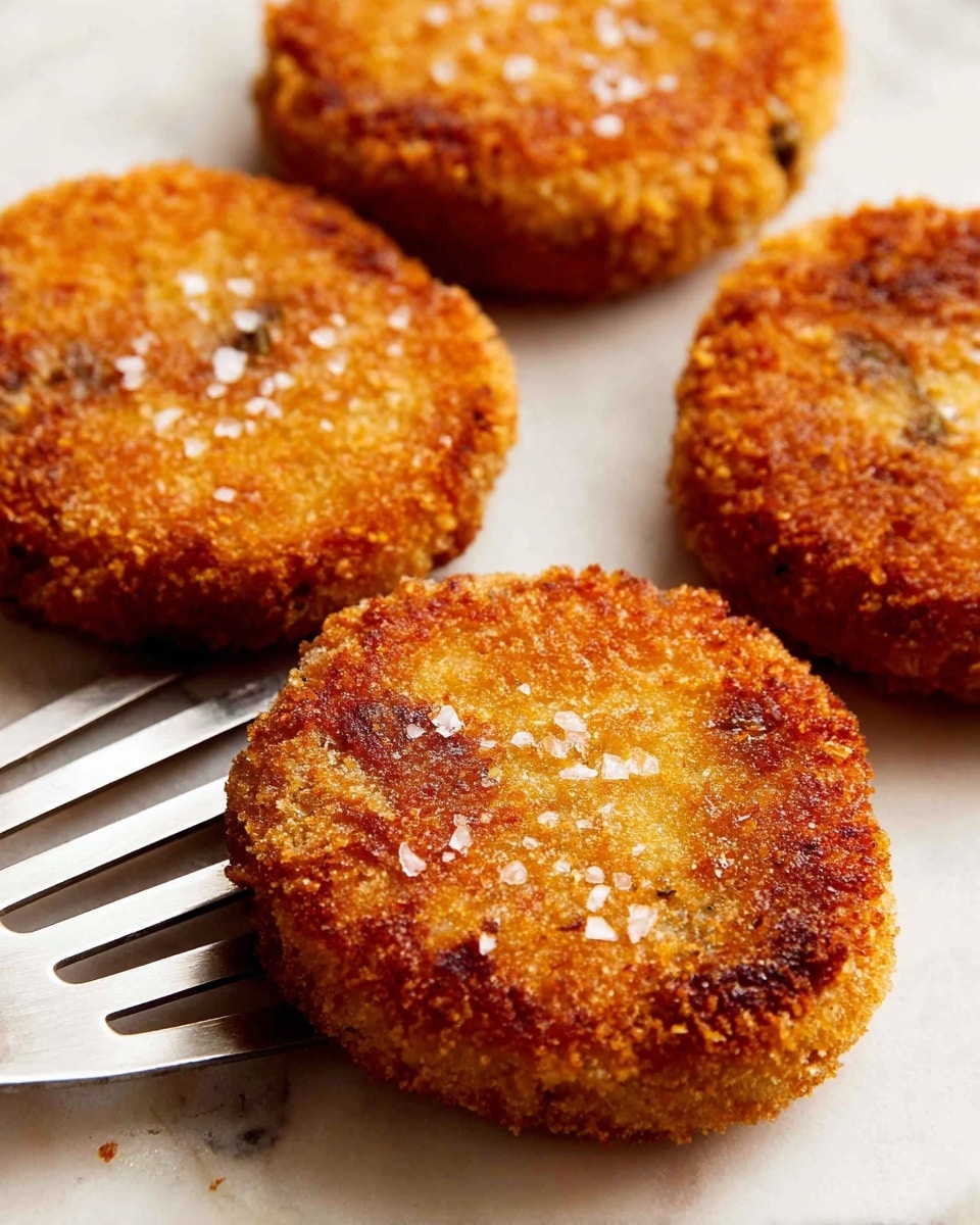 Four golden brown, crispy fried patties with a rough textured surface, sprinkled lightly with coarse salt on top, are placed on a white marbled surface. The patties have an even round shape and look crunchy with small bits of darker fried crumbs. A silver metal spatula with narrow slots is partly visible at the bottom left corner of the image, resting near the patties. The focus is on the front patty, showing its crunchy texture clearly, with the other patties softly blurred in the background. photo taken with an iphone --ar 4:5 --v 7