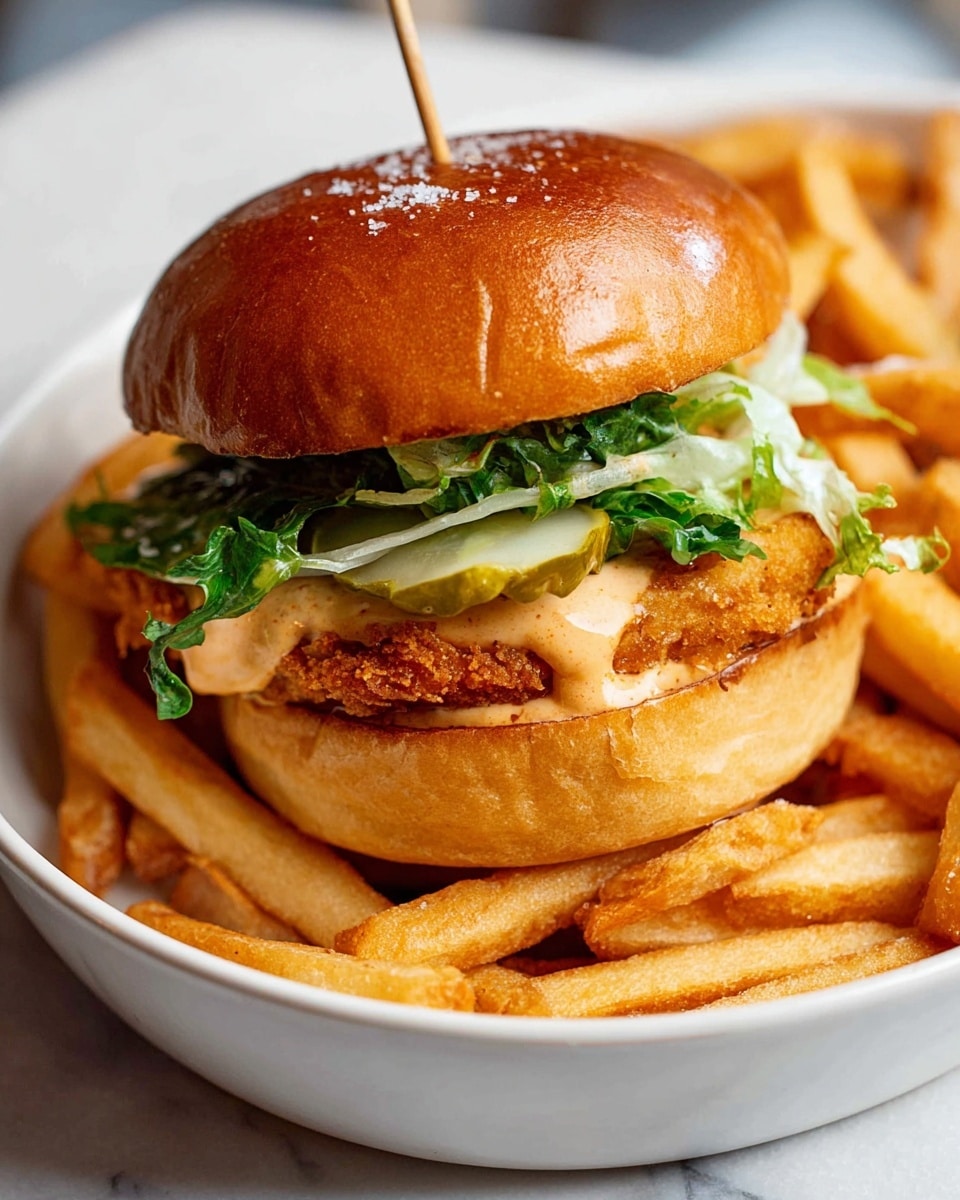 A close-up view of a double-layered sandwich with a golden-brown soft bun on top and bottom. The top layer shows a thick, white fish patty with bits of green herbs inside, topped with shredded green lettuce and a light orange sauce, all held together by the top bun with a wooden pick. The bottom layer has a crispy fried patty sitting on the bottom bun with some lettuce peeking out. Around the sandwich, there are thin, crispy golden fries and scattered shredded lettuce on a white marbled surface. Photo taken with an iphone --ar 4:5 --v 7