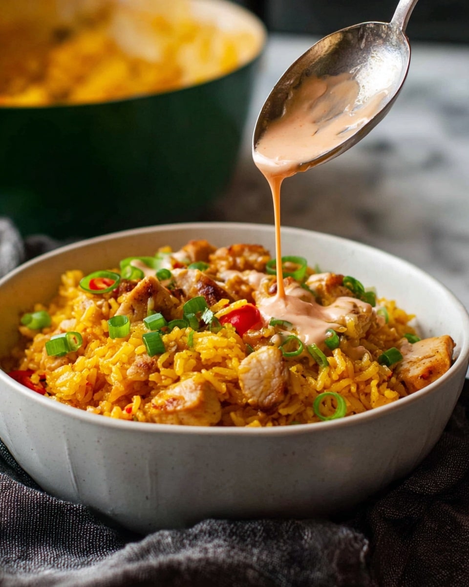 A white bowl filled with a yellow-orange rice dish topped with small pieces of brown chicken, sliced green onions, and bits of red peppers. Over the rice, a creamy light pink sauce is being poured from a silver spoon. The bowl sits on a dark textured cloth, and the background shows a blurred green bowl with more rice inside. The surface beneath is a white marbled texture. photo taken with an iphone --ar 4:5 --v 7