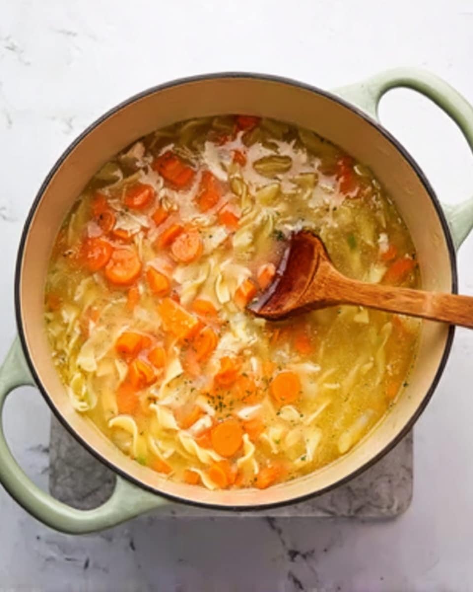 The image shows a cooking pot filled with chunky chicken noodle soup. The soup has several layers including orange carrot pieces, noodles in pale cream color, and small bits of light chicken in a clear yellowish broth. A wooden spoon is stirring the soup inside the pot, which is placed on a white marbled surface. The pot is grayish green with two side handles and a large opening that shows the soup clearly. photo taken with an iphone --ar 4:5 --v 7