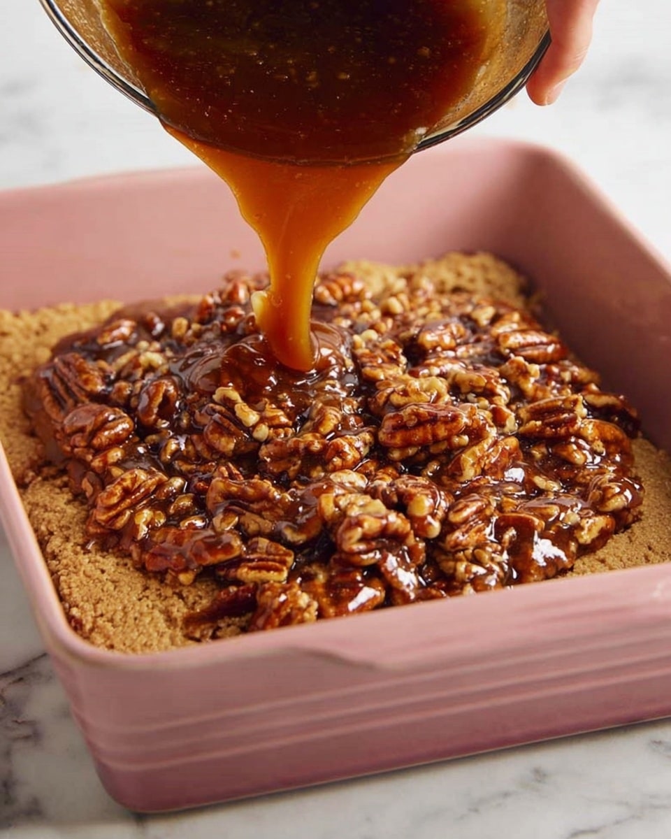 A pink baking dish with a slightly rough light brown dough layer pressed evenly at the bottom fills most of the frame. A shiny, thick, dark amber caramel nut mixture with visible large pecan pieces is being poured on top, creating a rich textured layer that contrasts with the flat dough base. A woman's hand holds the dish on the right side, with a soft white marbled surface underneath. The scene is close-up, focusing on the glossy nuts and dough base. photo taken with an iphone --ar 4:5 --v 7