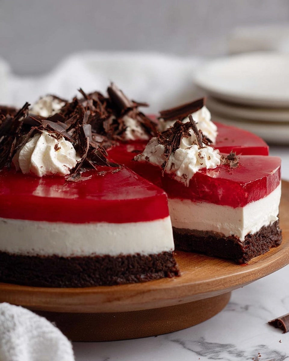 The image shows a close-up view of a multi-layered dessert with three visible layers on a wooden surface. The bottom layer is dark brown and smooth, appearing like a chocolate crust. Above that is a thick, bright red middle layer with a firm and smooth texture. The top layer is white whipped cream spread evenly, decorated with irregular shavings of dark chocolate scattered across the cream. The dessert pieces are cut into triangular shapes with clean edges, and there are small chocolate bits around the base on the wooden surface. The background is softly blurred, focusing attention on the dessert. photo taken with an iphone --ar 4:5 --v 7