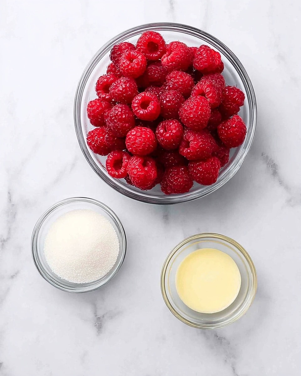 The image shows three small clear glass bowls placed on a white marbled surface. The largest bowl, filled with bright red raspberries, is at the top right. Below it, there are two smaller bowls side by side: the left one contains white granulated sugar, and the right one holds a light yellow lemon juice or powder. Each bowl is neatly arranged with no spills, showing simple and fresh ingredients. Photo taken with an iphone --ar 4:5 --v 7