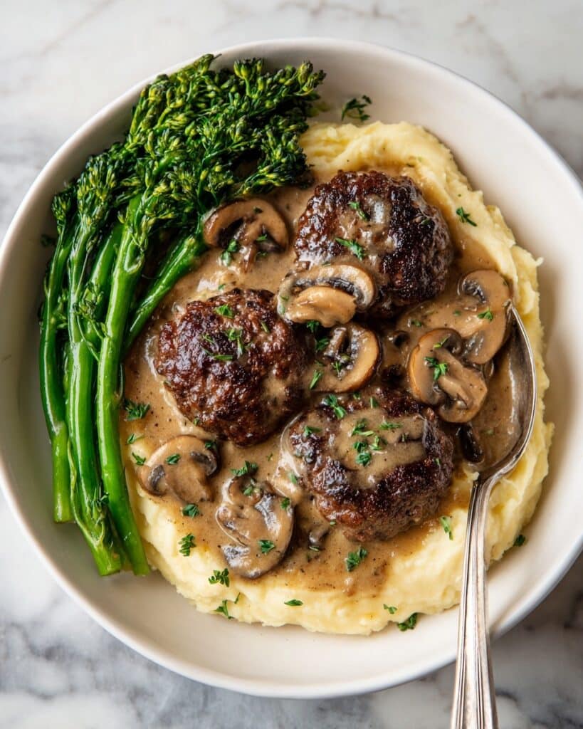 Smothered Beef Rissoles with Mushroom Gravy and Mashed Potatoes Recipe