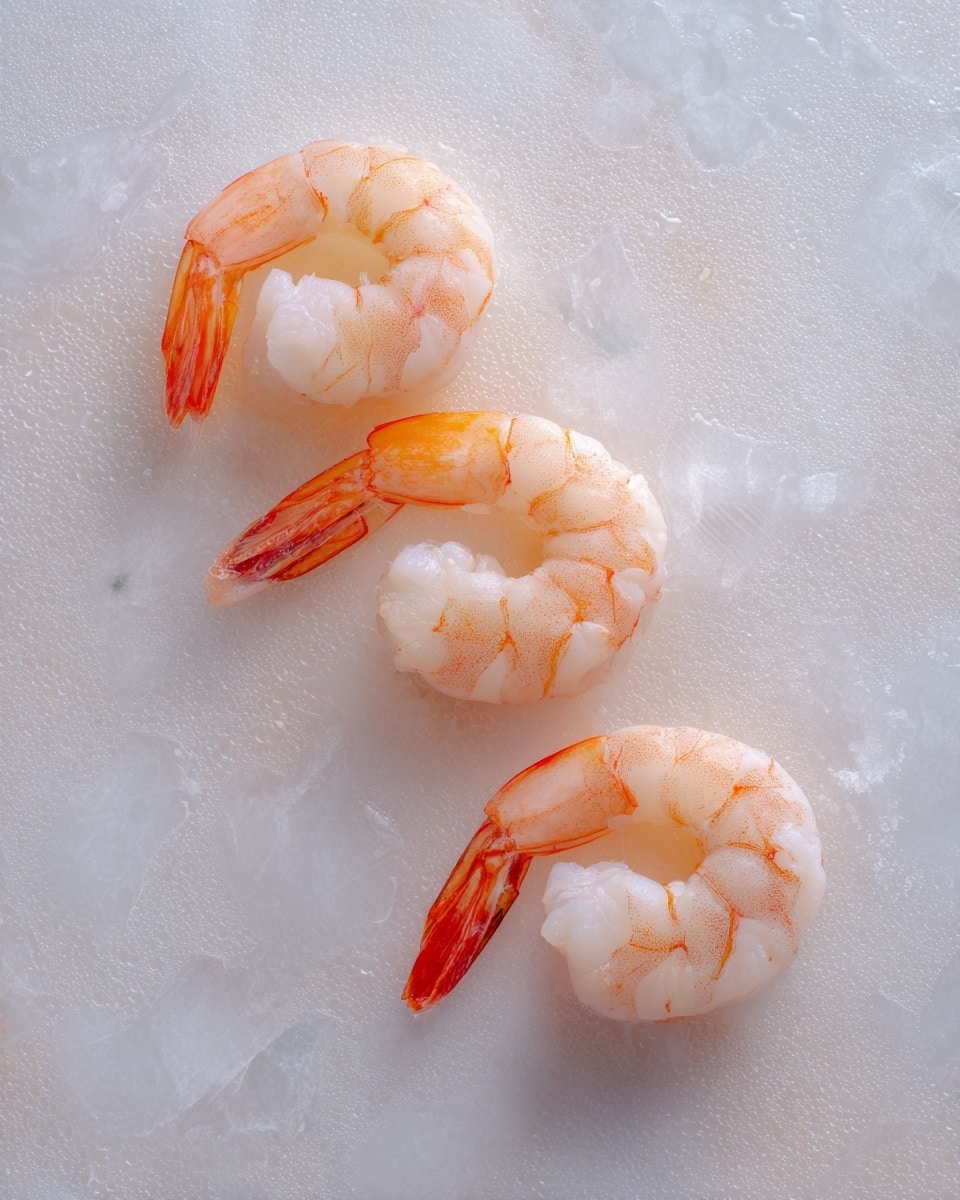 Three cooked shrimp are placed in a row on top of a single translucent rice paper sheet. The shrimp are slightly pink with a soft white inside and orange-tinted tails, positioned near the center of the rice paper. The rice paper has a thin, smooth texture with some light water droplets, and it lies flat on a white marbled surface. The scene is softly lit, highlighting the shrimp's subtle colors and the delicate texture of the rice paper. photo taken with an iphone --ar 4:5 --v 7