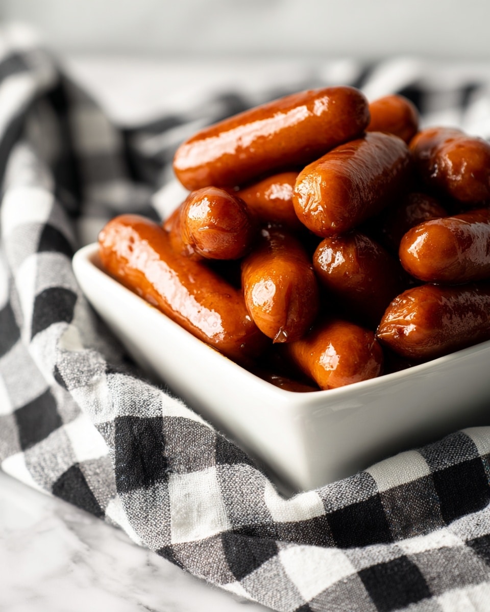 A close-up view of a white bowl filled with many small, glossy, orange-brown sausages covered in a thick, dark glossy sauce. Scattered within the sausages are a few large, shiny dark purple lumps that look moist and sticky, blending slightly with the sauce. The bowl sits on a white marbled surface, adding subtle texture in the background. photo taken with an iphone --ar 4:5 --v 7
