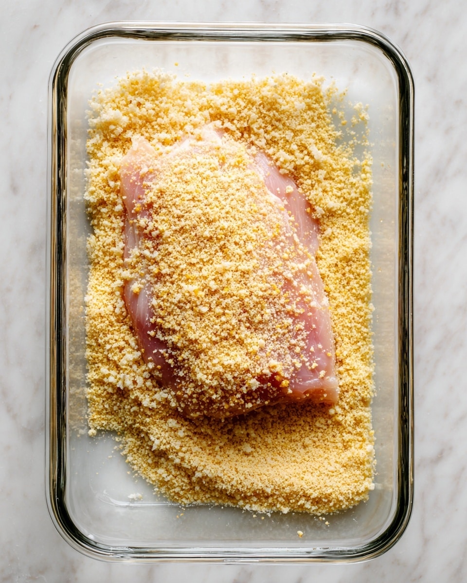 In a clear glass rectangular dish placed on a white marbled surface, there is one large pinkish piece of raw chicken with visible yellow egg coating and a generous layer of light tan dry breadcrumbs covering its surface. The chicken lies flat in the center of the dish, partially surrounded by more loose breadcrumbs spread mostly along the edges of the container. Photo taken with an iphone --ar 4:5 --v 7