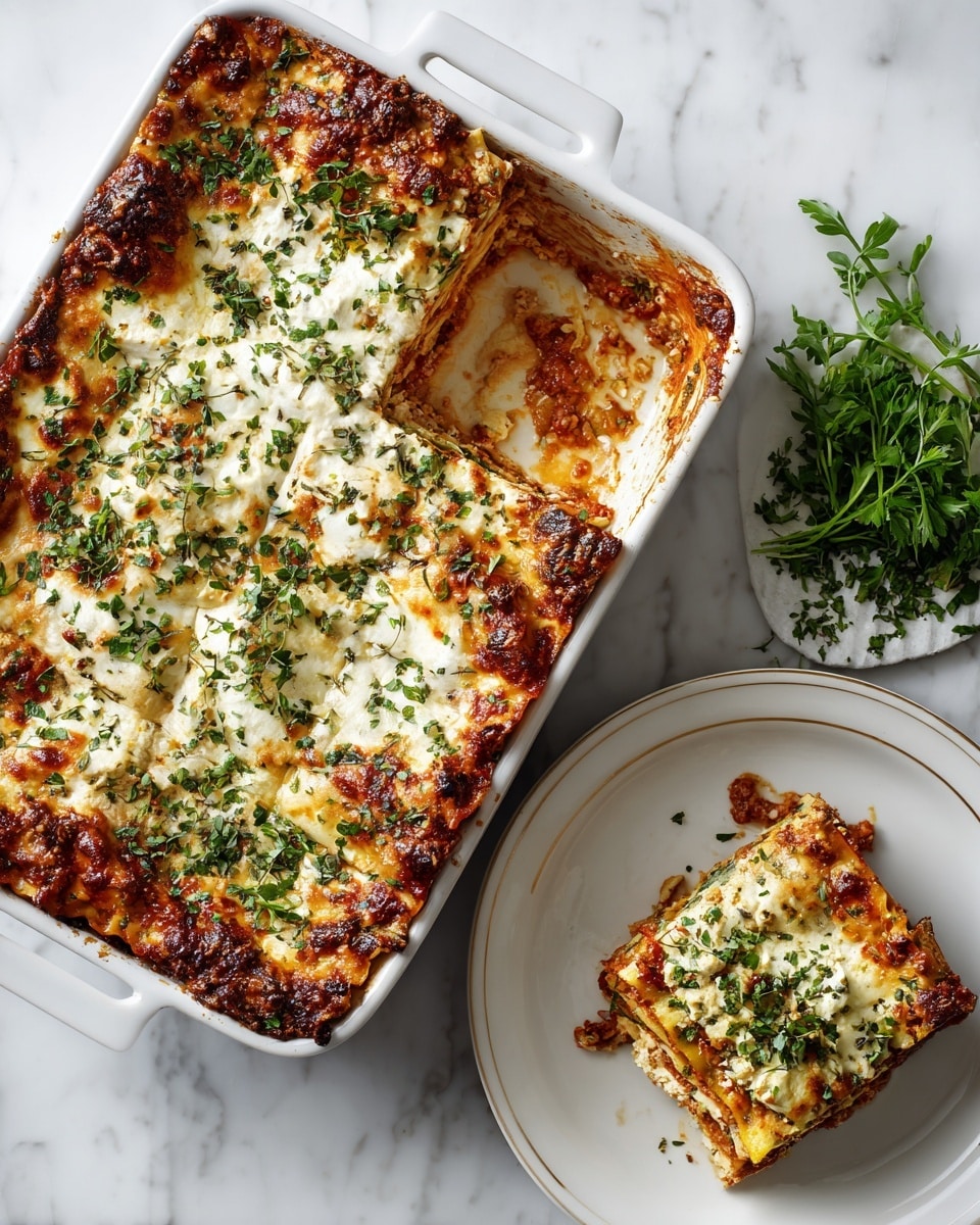 A white rectangular baking dish filled with a layered lasagna that has a browned, bubbly cheese top with green herb leaves sprinkled over it. One square portion of the lasagna is missing from the baking dish and placed on a small white plate nearby, showing layers of pasta, sauce, and cheese inside with a similar browned top and herb garnishes. Both the dish and plate sit on a white marbled surface with a small pile of fresh green herbs beside them. Photo taken with an iphone --ar 4:5 --v 7