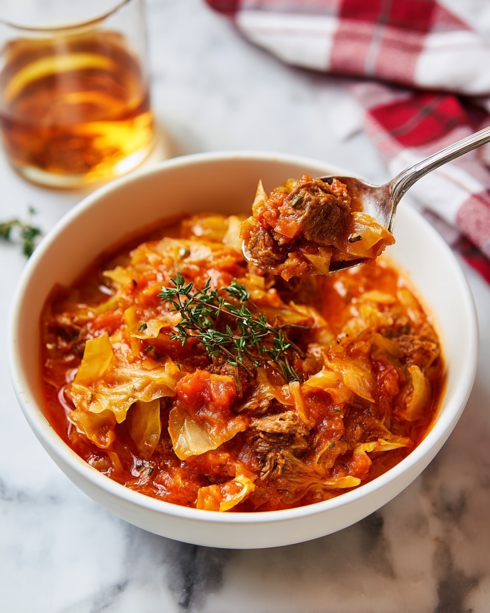 A white bowl filled with a thick stew made of soft orange tomato sauce as the base layer, mixed with chunky pieces of brown meat and light yellow cabbage leaves blended throughout. The stew has a slightly rough texture with small bits of green herbs scattered on top, including a sprig of thyme placed in the center. A silver spoon is lifted out of the bowl, showing a bite of browned meat, cabbage pieces, and some sauce. The bowl sits on a white marbled surface with a glass of amber liquid and a white cloth with a red checkered pattern visible in the background. photo taken with an iphone --ar 4:5 --v 7