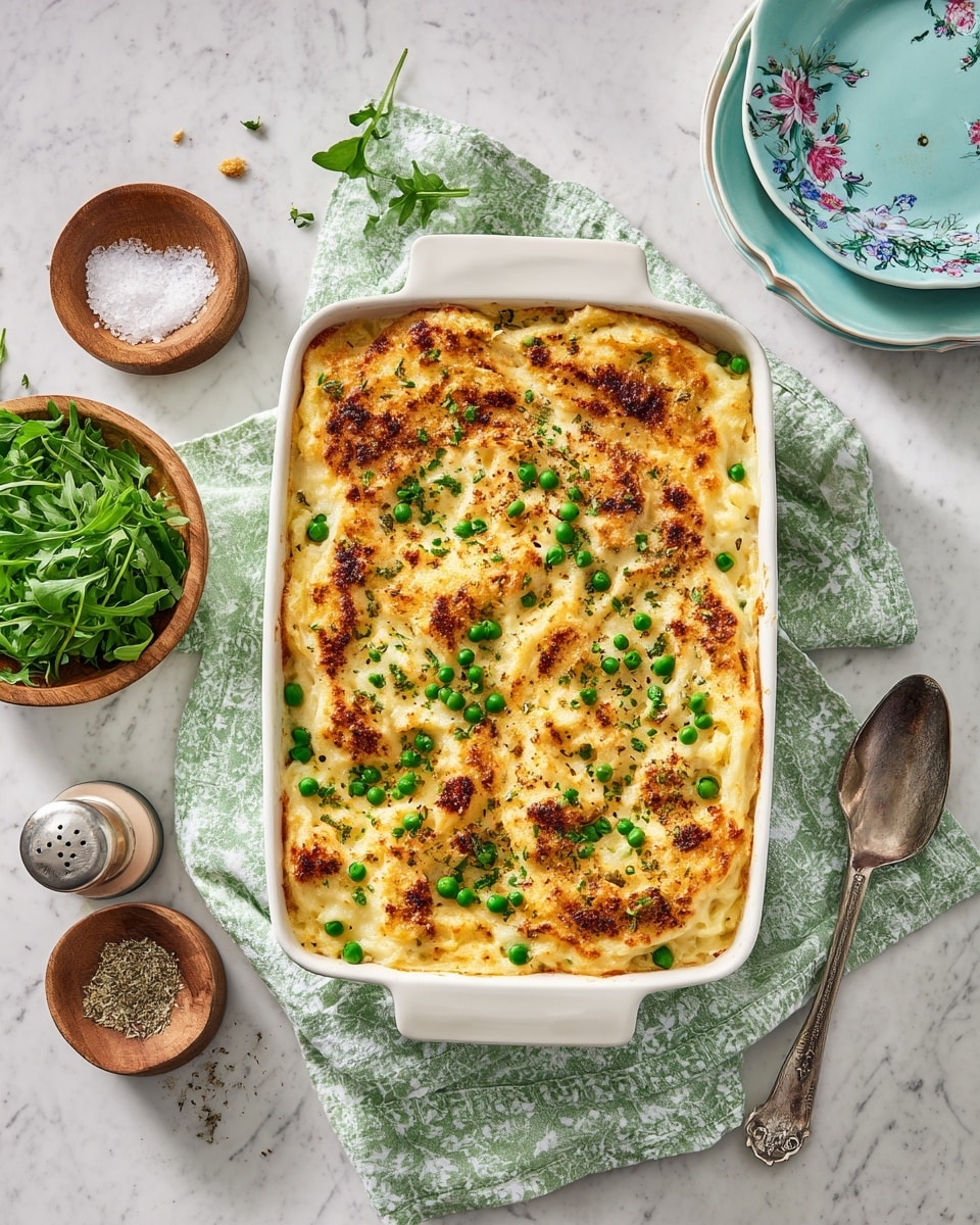 The image shows a rectangular white baking dish filled with a baked casserole topped with a golden-brown crust. The top layer is speckled with green peas and some browned spots, giving it a slightly textured look. The casserole surface has a mix of creamy and crispy textures with some sprinkled cheese or crumbs. The dish is placed on a light green and white patterned cloth, on a white marbled surface. Around the dish, there is a small wooden bowl with green leaves, presumably arugula, another small wooden bowl with grated cheese, salt and pepper shakers, a large silver spoon resting on a light green cloth napkin, and a stack of blue plates with floral patterns at the top right corner. Photo taken with an iphone --ar 4:5 --v 7