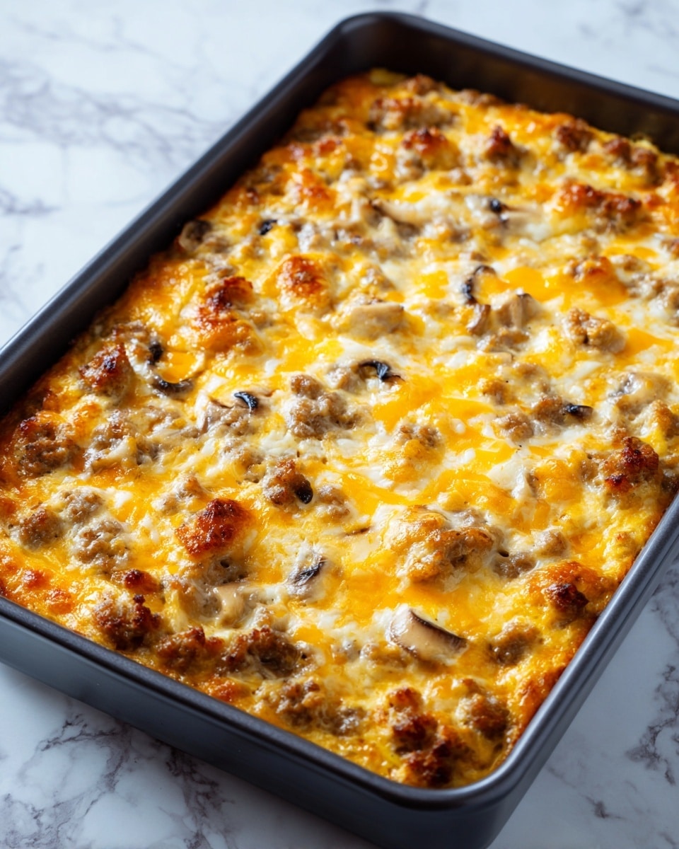 The image shows a black baking pan with a casserole-like dish inside. The dish has one visible layer made of small pieces of light brown sausage mixed with creamy melted cheese that is yellowish with browned spots on top. There are also bits of mushrooms scattered throughout, which are a mix of light and dark gray colors. The cheese layer looks bubbly and soft with some areas browned, giving a slightly crispy texture. The background and surface around the pan have a white marbled texture. Photo taken with an iphone --ar 4:5 --v 7