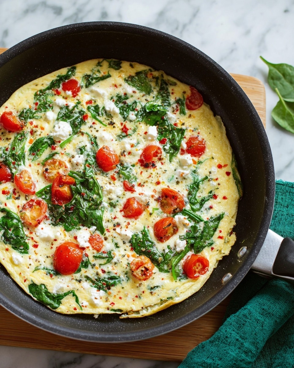 A omelette in a black pan with one main layer made of white cooked eggs mixed with small bright red cherry tomato halves, fresh green spinach leaves, white crumbly cheese, and small bits of red pepper scattered evenly. The pan is placed on a white marbled surface with a green cloth nearby, and a wooden board partially visible under one side of the pan. Photo taken with an iphone --ar 4:5 --v 7