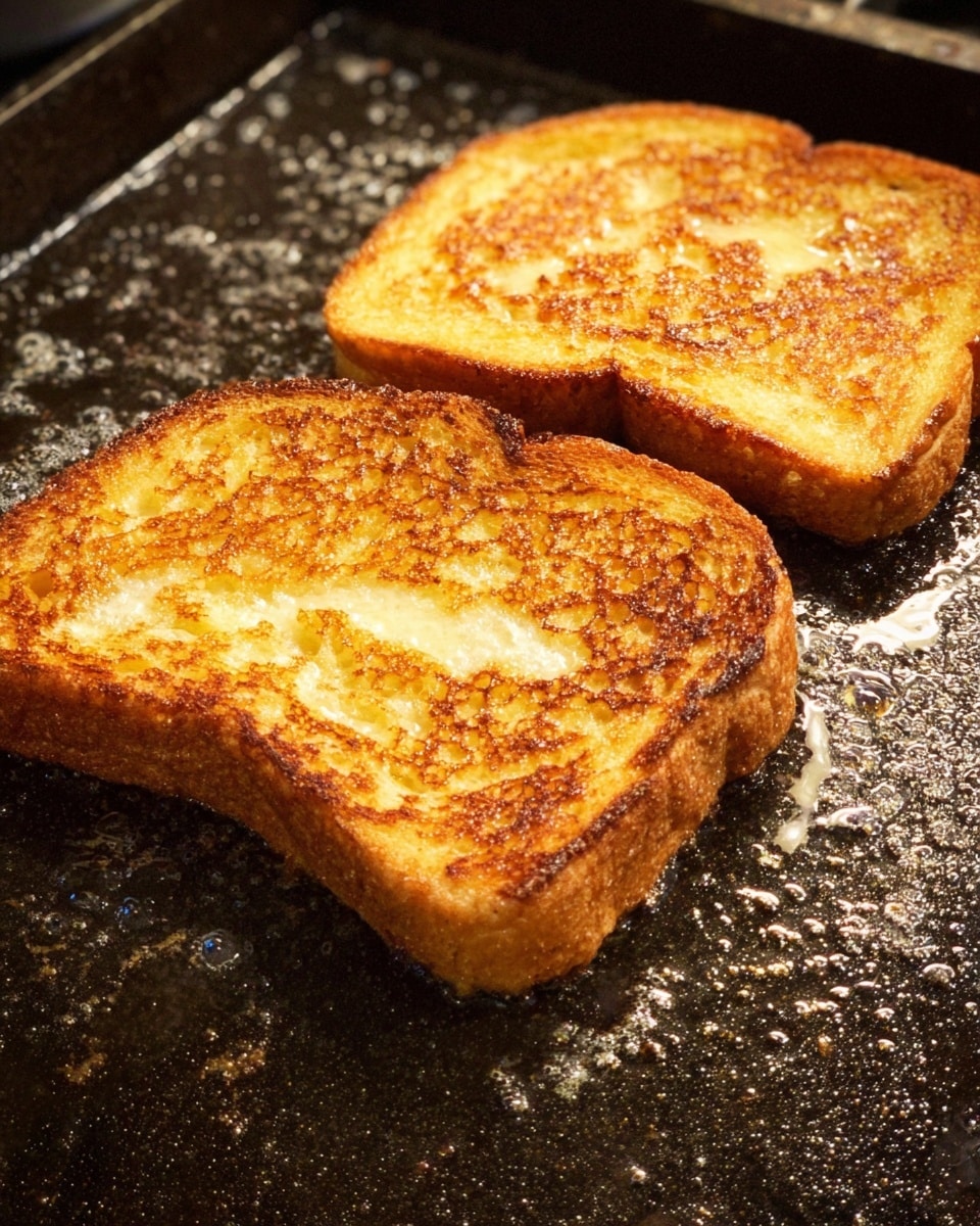 Two pieces of golden brown toasted bread are cooking on a dark griddle. Each slice has a crispy, textured crust with a warm, light yellow center showing bubbles and a slightly crunchy surface. Melted butter sizzles around the edges, adding a shiny gloss. The griddle's rough texture contrasts with the soft, toasted bread. The photo taken with an iphone --ar 4:5 --v 7