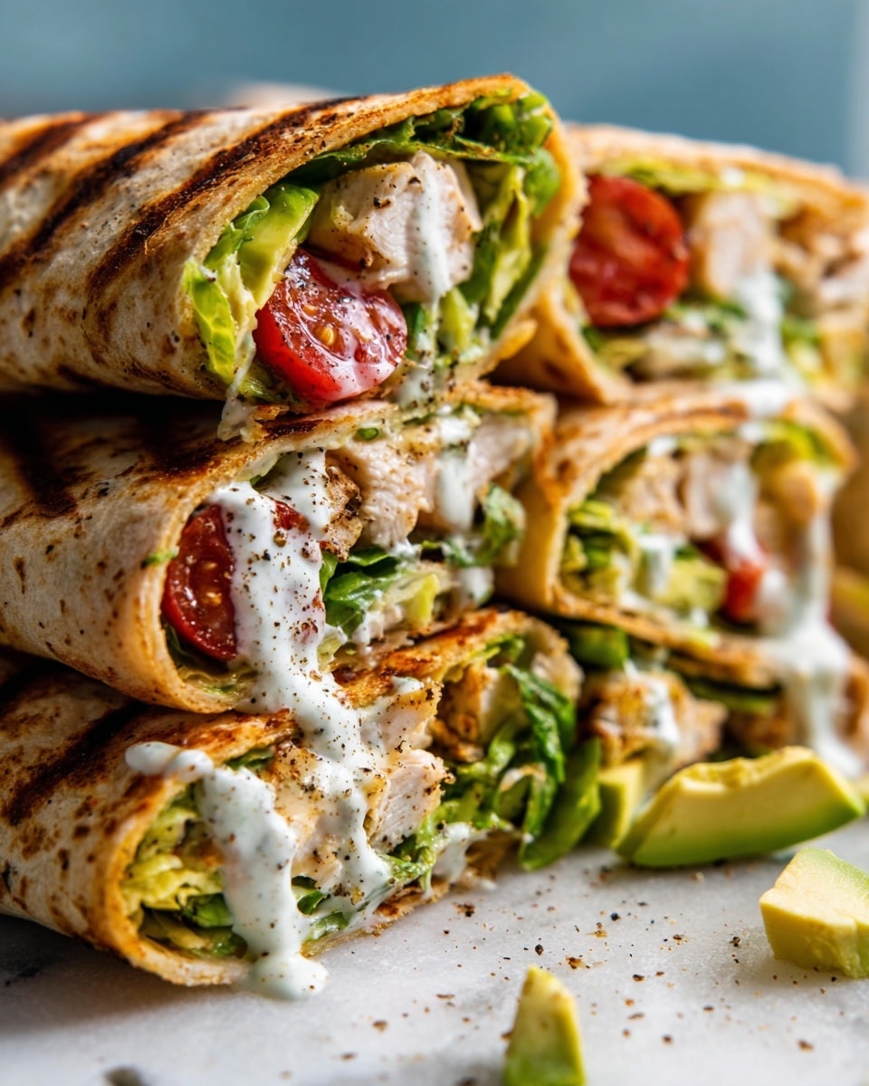The image shows two halves of a toasted wrap on a white plate with crinkle-cut potato chips scattered around. The wrap is golden brown with small charred spots, wrapped tightly and cut in half to show the inside layers. The filling has chunks of light beige chicken, bright green lettuce, slices of green avocado, and halved red cherry tomatoes. The inside looks creamy with some white dressing spread throughout. The plate rests on a white marbled surface with a blue and white fringed cloth nearby. In the background, another plate with a similar wrap and chips is slightly blurred. photo taken with an iphone --ar 4:5 --v 7