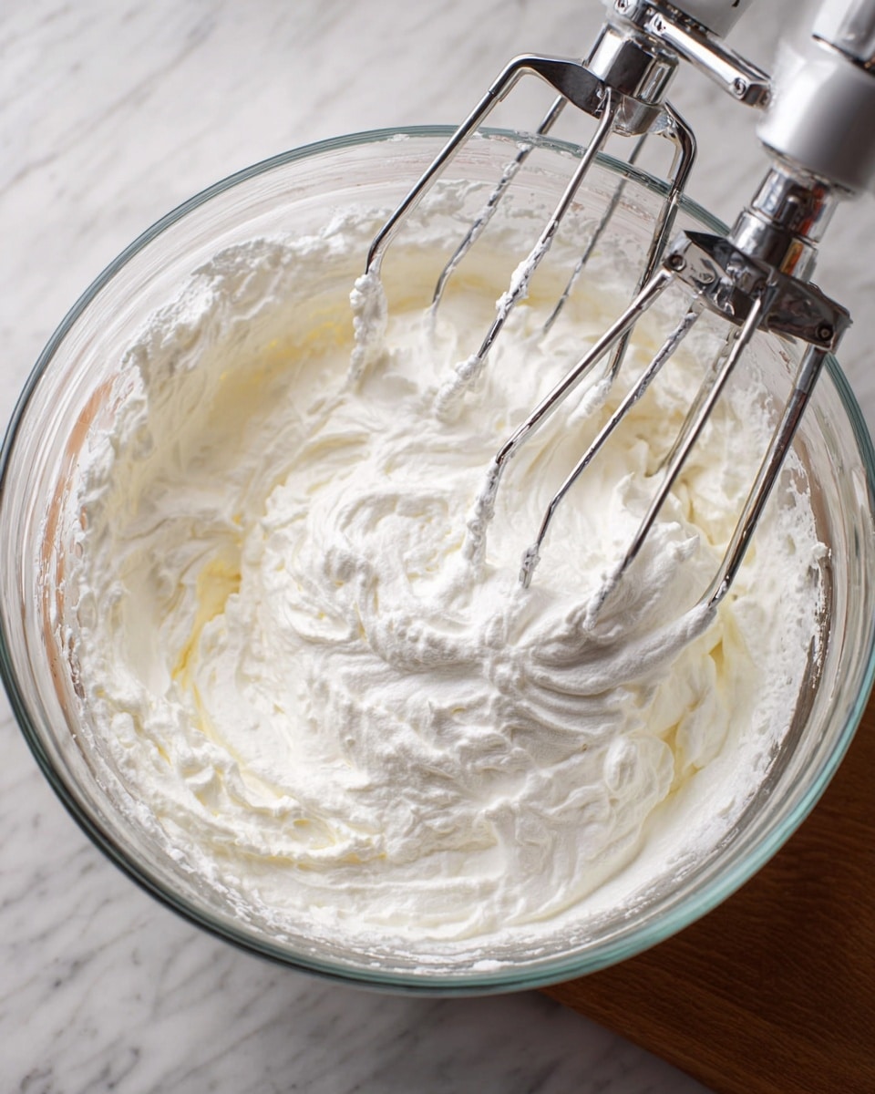 A clear glass mixing bowl filled with thick, white whipped cream that has a soft, fluffy texture, being mixed by two shiny silver beaters from an electric hand mixer. The whipped cream fills most of the bowl, with some cream splattered on the sides. The bowl sits on a white marbled surface. Photo taken with an iphone --ar 4:5 --v 7