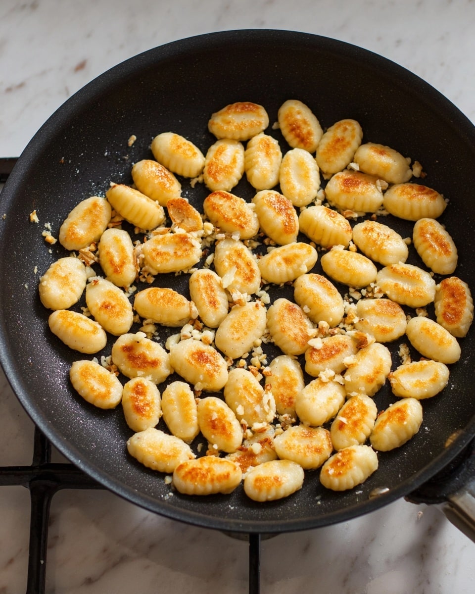 The image shows a black frying pan filled with many small, oval-shaped gnocchi pieces that are golden brown with a slight crisp on their surface. The gnocchi are spread out evenly across the pan, and some small bits of finely chopped garlic are scattered on top of them, adding texture and contrast with their pale white color. The pan rests on a stove burner, and the background surface is a white marbled texture. photo taken with an iphone --ar 4:5 --v 7