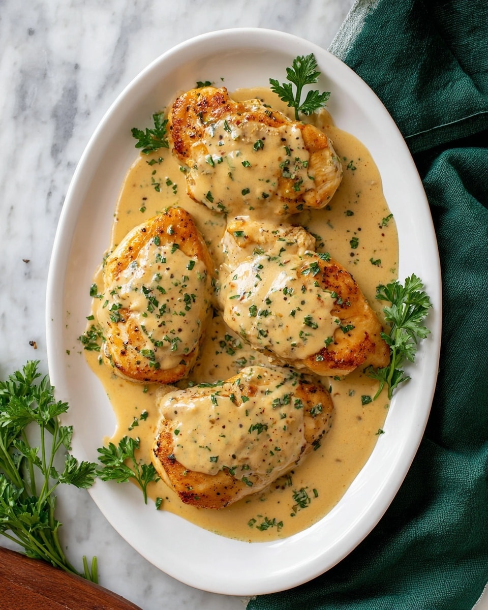 A white oval plate holds four pieces of golden-brown cooked chicken, each partially covered with a creamy light tan sauce sprinkled with small green herb bits and black pepper. The chicken pieces have a slightly crispy texture, with the sauce pooling gently on the plate and around the chicken. Fresh green parsley leaves decorate the plate edges, adding a touch of color. The plate rests on a white marbled surface with a dark green cloth nearby, adding contrast and softness. Photo taken with an iphone --ar 4:5 --v 7