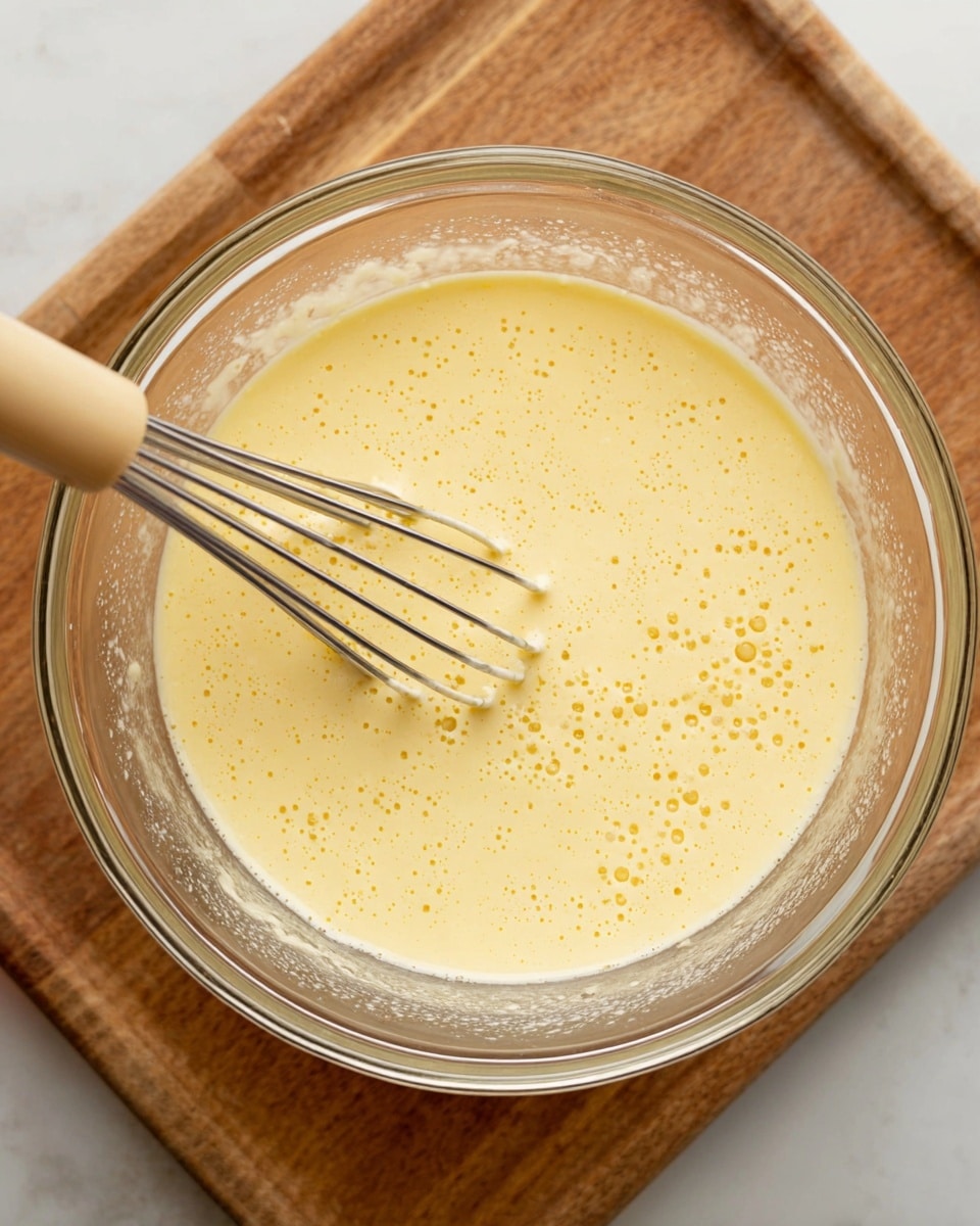 A clear glass bowl filled with light yellow batter that has small bubbles on the surface, giving it a slightly airy texture. Inside the bowl, a whisk with a beige handle rests on the left side, partially submerged in the batter. The bowl sits on a wooden board, all placed on a white marbled background. The batter looks smooth and creamy, covering the bowl evenly. Photo taken with an iphone --ar 4:5 --v 7