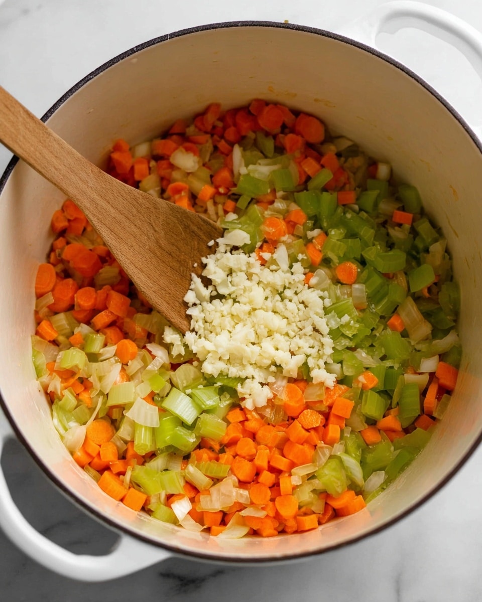 Inside a white pot, there are three layers of chopped vegetables: bright orange carrots, light green celery, and translucent light yellow onions, all mixed together at the bottom. In the center, on top of the vegetables, there is a small pile of finely minced white garlic. A wooden spoon is placed at the left side of the pot, partly resting inside the mixture. The pot is set on a white marbled surface. photo taken with an iphone --ar 4:5 --v 7