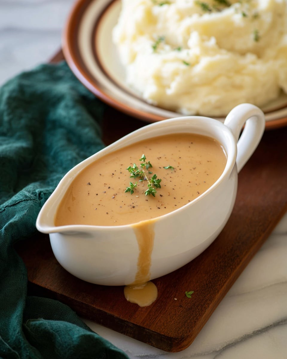 A white gravy boat filled with smooth, light brown gravy, garnished with a small sprig of green herbs and specks of black pepper on top. The gravy boat rests on a dark wooden board, with a dark green cloth casually placed beside it. In the blurry background on the right, there is a brown-edged white plate with a large serving of creamy white mashed potatoes, all set against a white marbled surface. A small drip of gravy spills slightly over the edge of the boat onto the board. photo taken with an iphone --ar 4:5 --v 7