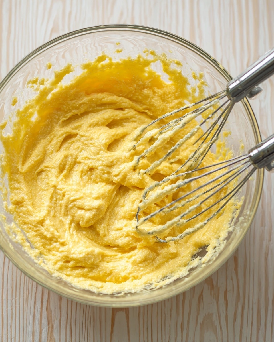 In a clear glass bowl, a thick yellow mixture with a slightly grainy texture fills the space, being beaten by two metal beaters with smooth, shiny rods and circular attachments, partially covered in the yellow mix. The mixture has uneven peaks and swirls, showing a creamy and dense consistency. The bowl sits on a light wooden surface with a subtle white marbled texture background. photo taken with an iphone --ar 4:5 --v 7