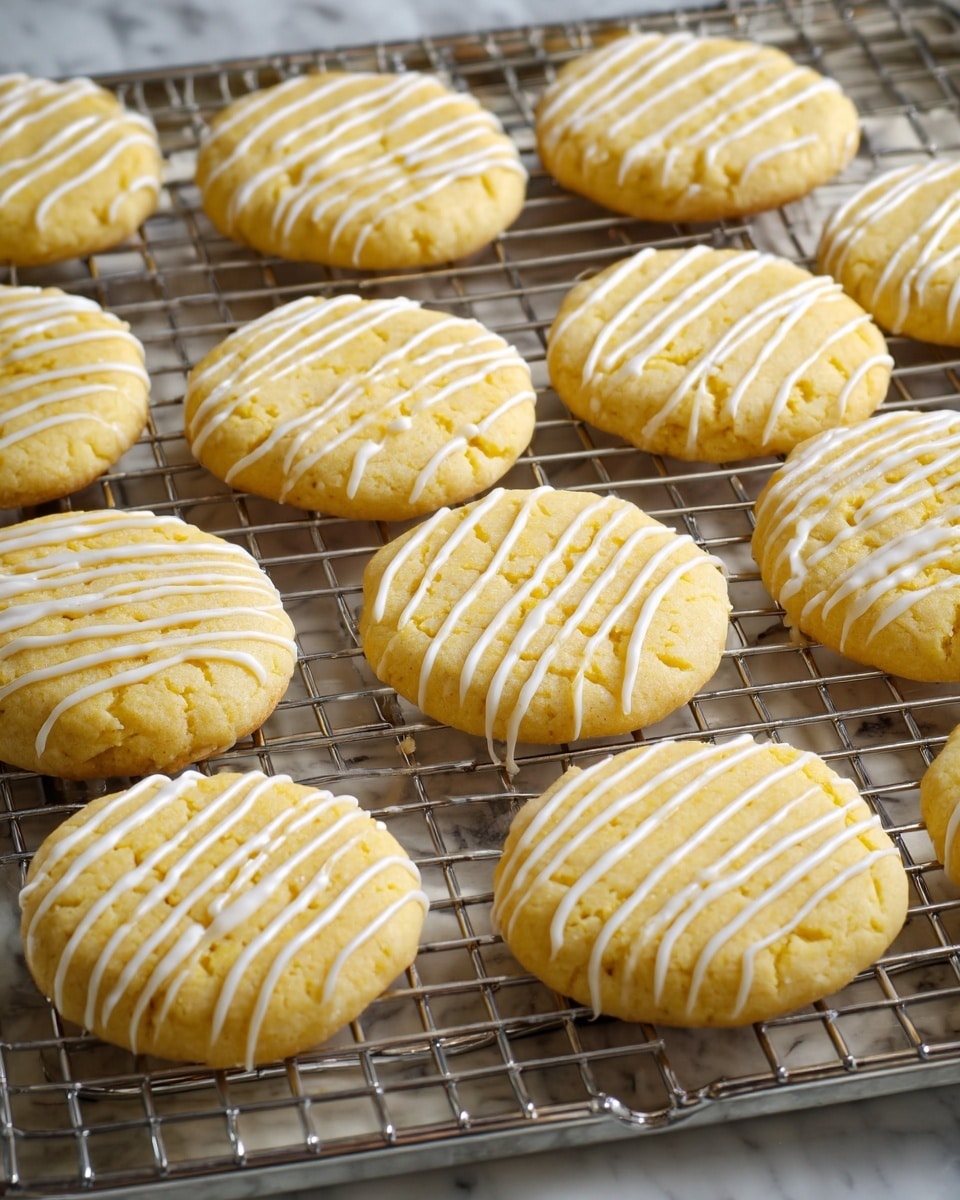 A collection of round, light yellow cookies arranged on a silver wire cooling rack over a tray, each cookie topped with thin, white icing drizzled in parallel lines. The cookies have a soft texture with subtle cracks, and the icing adds a smooth, shiny contrast. The background features a white marbled texture. photo taken with an iphone --ar 4:5 --v 7
