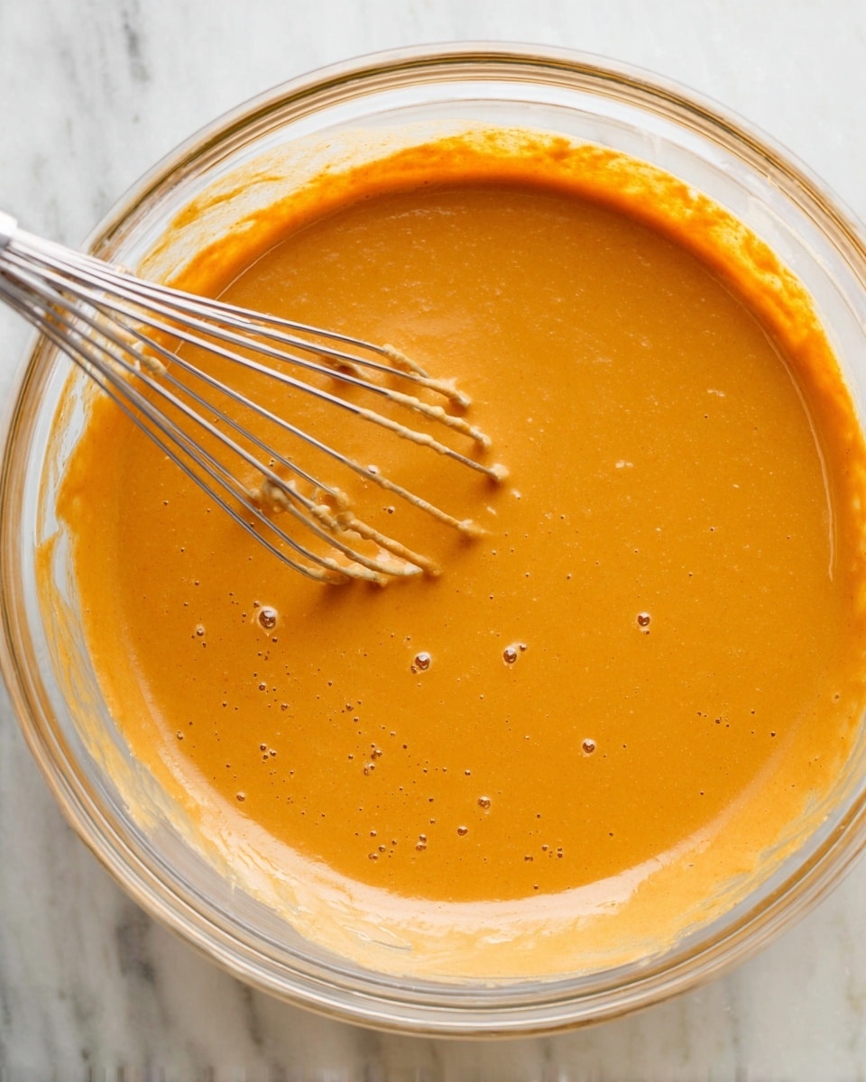 A clear glass bowl filled with a smooth, thick orange batter with a creamy texture, small bubbles visible on its surface. A metal whisk is partially dipped into the batter on the left side, coated with the same orange mixture. The bowl sits on a white marbled surface, and traces of the batter line the bowl’s inner edge. The overall feel is fresh with a focus on the batter's rich color and smooth texture photo taken with an iphone --ar 4:5 --v 7