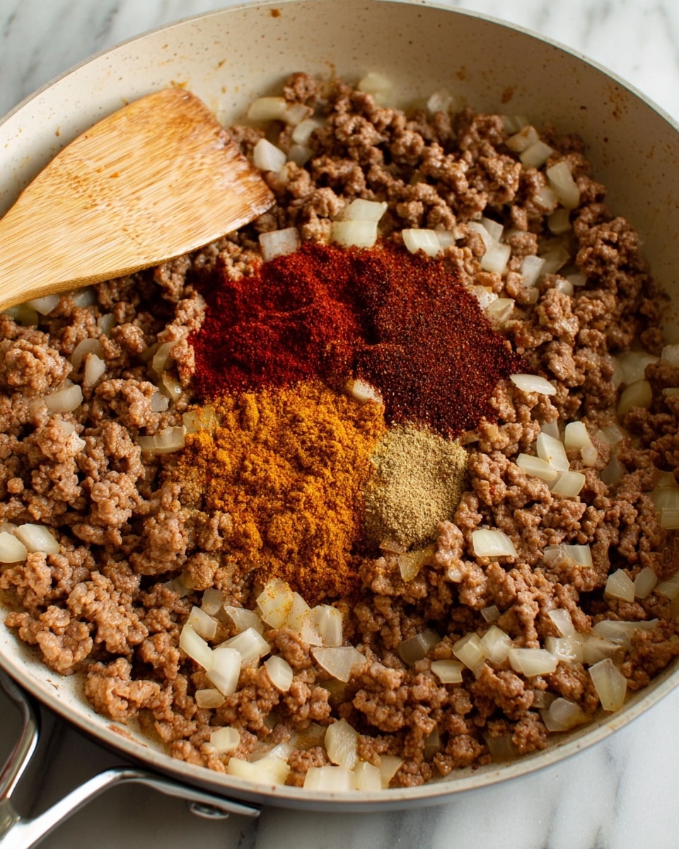 A white pan filled with cooked ground meat mixed with diced onions, showing a soft, crumbly texture in a brownish color. In the center, two piles of bright spices—one dark red and one yellowish-orange—rest on top of the meat. A wooden spatula with some bits of onion sticks out from the left side, resting on the meat mixture. The pan is on a white marbled surface. photo taken with an iphone --ar 4:5 --v 7