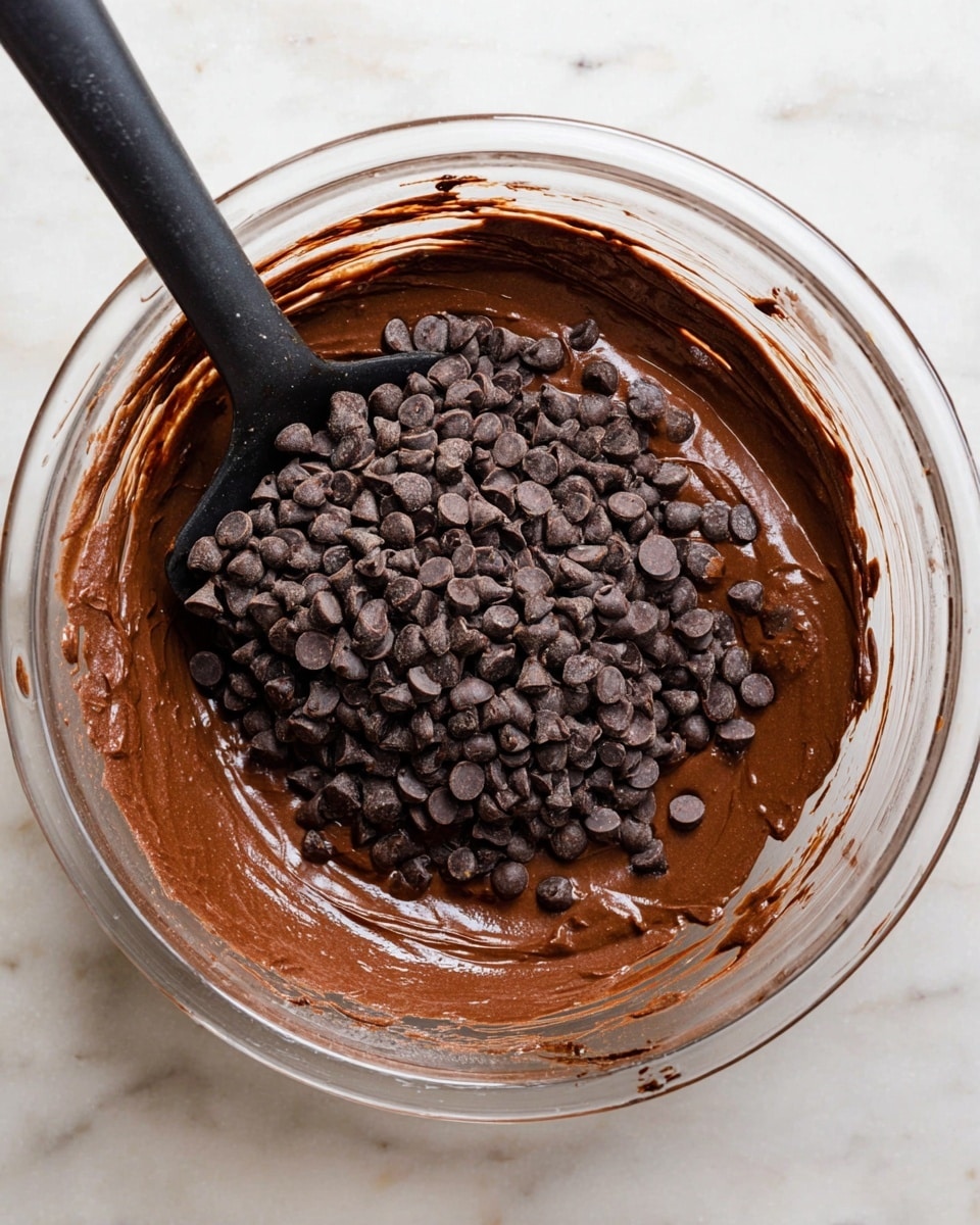 A clear glass bowl sits on a white marbled surface, filled with a smooth, glossy dark brown chocolate batter that fills about half the bowl. On top of the batter, many small dark brown chocolate chips are piled in the center. A black spatula is partially resting inside the bowl on the left side, with some chocolate batter on its edge. The bowl’s sides have streaks of batter, showing the mixing process. Photo taken with an iphone --ar 4:5 --v 7