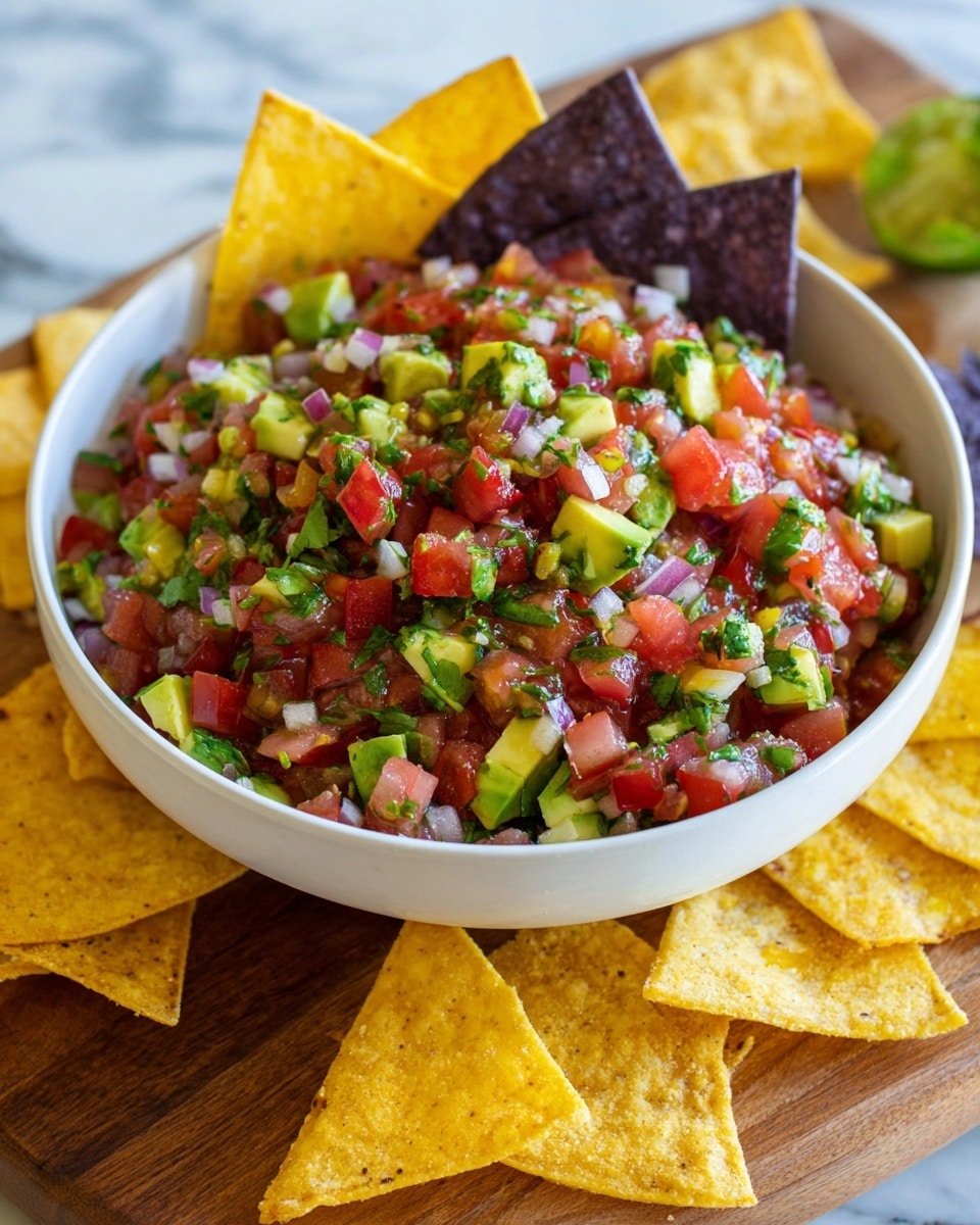 A large clear glass bowl filled with a colorful mix of small diced avocado, bright red tomatoes, finely chopped purple onion, and green herbs, all evenly mixed together, creating a fresh and chunky salad. A black spoon rests inside the bowl, partially submerged in the vibrant mixture. The bowl is placed on a white marbled texture surface, with wooden salt and pepper shakers on one side and a sliced avocado showing its dark brown seed and green flesh on the other side. Photo taken with an iphone --ar 4:5 --v 7