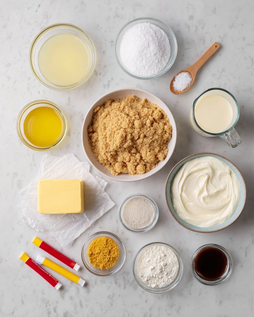Top view of various baking ingredients arranged neatly on a white marbled surface. In the center, there is a bowl filled with a light brown crumbly mixture. To its right, a white bowl holds a smooth, thick white cream. Above that, a clear glass mug contains a pale yellow liquid. Next to the crumb bowl on the left, a small glass bowl with a light yellow liquid is placed. Above that, a small white bowl is filled with granulated white sugar. Below, a block of yellow butter rests on a small piece of baking paper. Around these are small clear glass bowls holding white powder, light yellow powder, dark brown liquid, and yellow zest. At the bottom left, two small tubes with red and yellow caps are lying down, and to the right, a small wooden spoon contains a pinch of fine white salt. Photo taken with an iphone --ar 4:5 --v 7