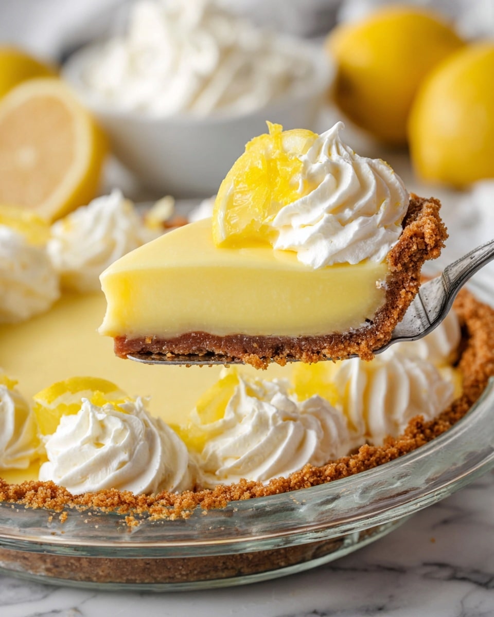 A lemon pie shown from above, with three distinct layers: the bottom layer is a brown, crumbly crust lining the edge of a clear glass pie dish; the middle layer is a smooth, pale yellow lemon filling that fills the center; the top layer is decorated with evenly spaced white whipped cream swirls around the edge, each topped with a thin, bright yellow lemon wedge. The pie sits on a white marbled surface. photo taken with an iphone --ar 4:5 --v 7