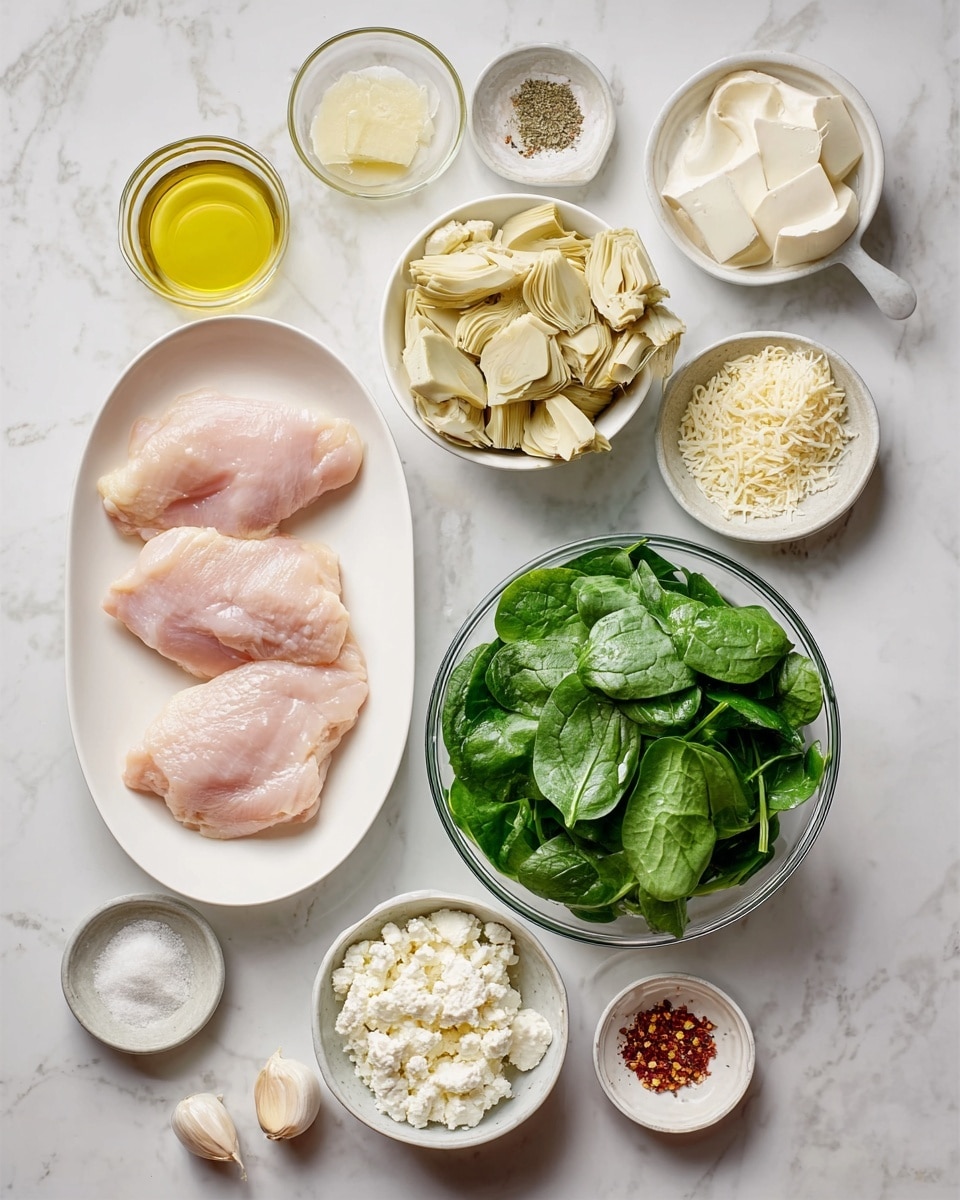 The image shows ingredients arranged on a white marbled surface. There are three pieces of raw light pink chicken on a white oval plate placed at the bottom left. A clear glass bowl filled with fresh, bright green chopped spinach sits to the right of the chicken. Above the chicken and spinach, a white bowl holds light beige chopped artichokes. Surrounding these main ingredients are smaller white bowls containing various ingredients: a pale yellow olive oil, white creamy yogurt, grated pale yellow parmesan cheese, white cream, crumbled white feta cheese, a small amount of red chili flakes in a tiny white bowl, two cloves of garlic, a small dish with a few pats of white butter, and a small dish of white salt and black pepper. The items are neatly placed and well-lit, giving a fresh and clean look. Photo taken with an iphone --ar 4:5 --v 7