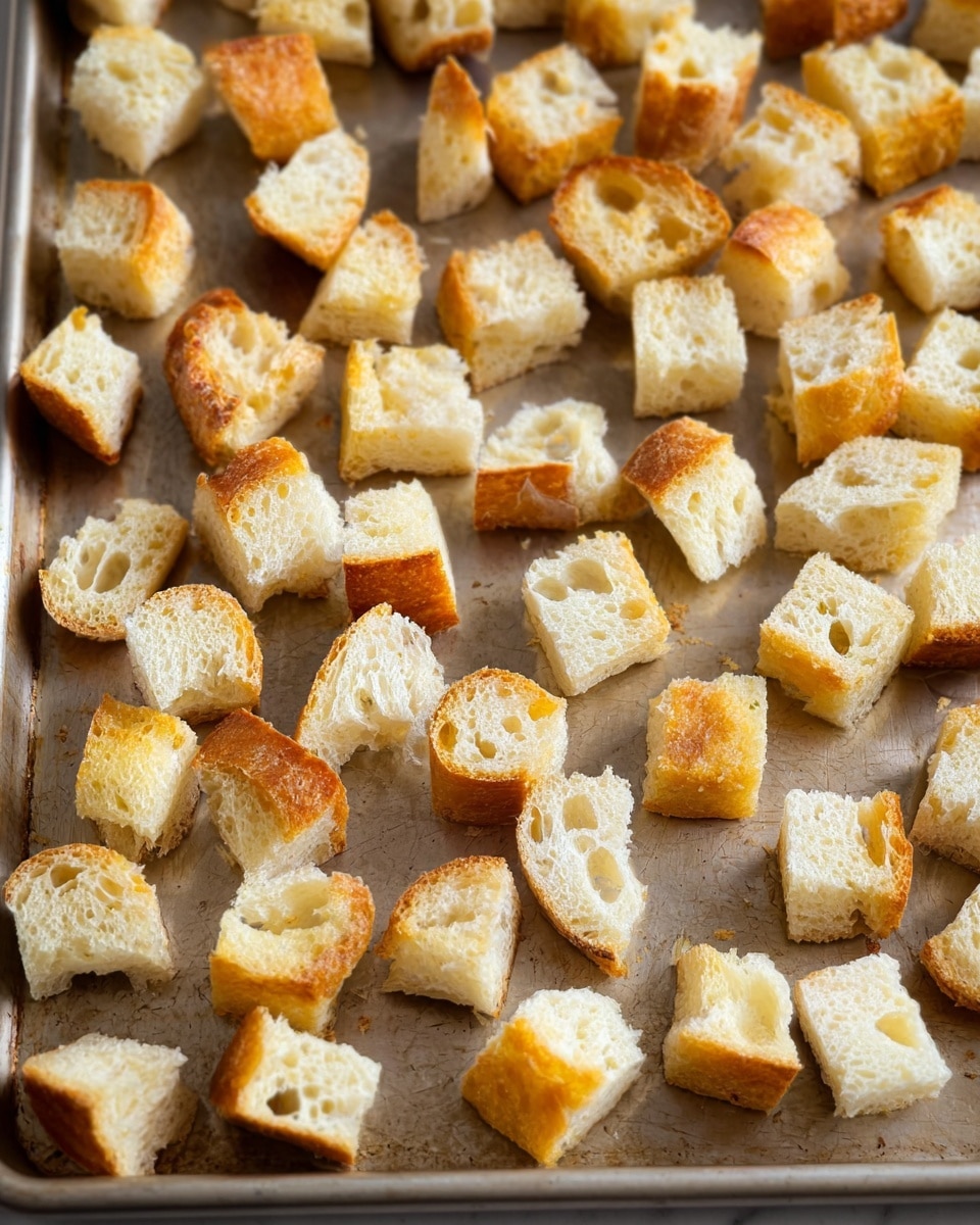 The image shows many small bread cubes spread out on a metal tray. Each cube is about the same size, with a golden brown crispy crust on some sides and soft, airy white inside with holes visible in the texture. The cubes are evenly spaced, creating a loose pattern over the surface of the tray, which has a slightly worn, brushed metal look. photo taken with an iphone --ar 4:5 --v 7