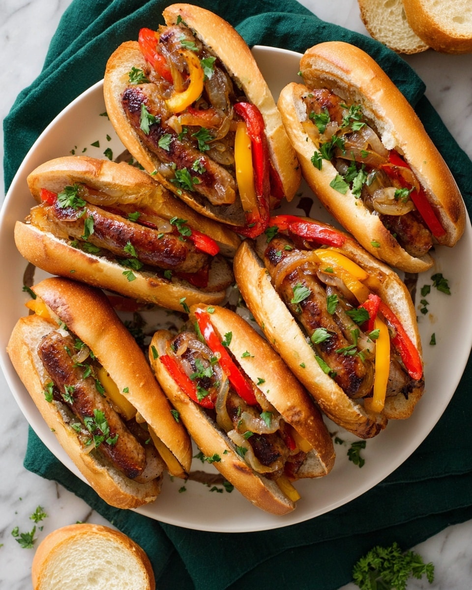 A white bowl with six small sandwiches filled with thick slices of grilled sausage, cooked red and yellow bell peppers, and soft caramelized onions. Each sandwich has a golden toasted bun, slightly shiny, holding the colorful filling tightly. Fresh chopped green parsley is sprinkled on top of the sandwiches and around the bowl, adding a fresh look. The bowl is on a dark green cloth with a white marbled surface background. One plain toasted bun lies next to the bowl. Photo taken with an iphone --ar 4:5 --v 7