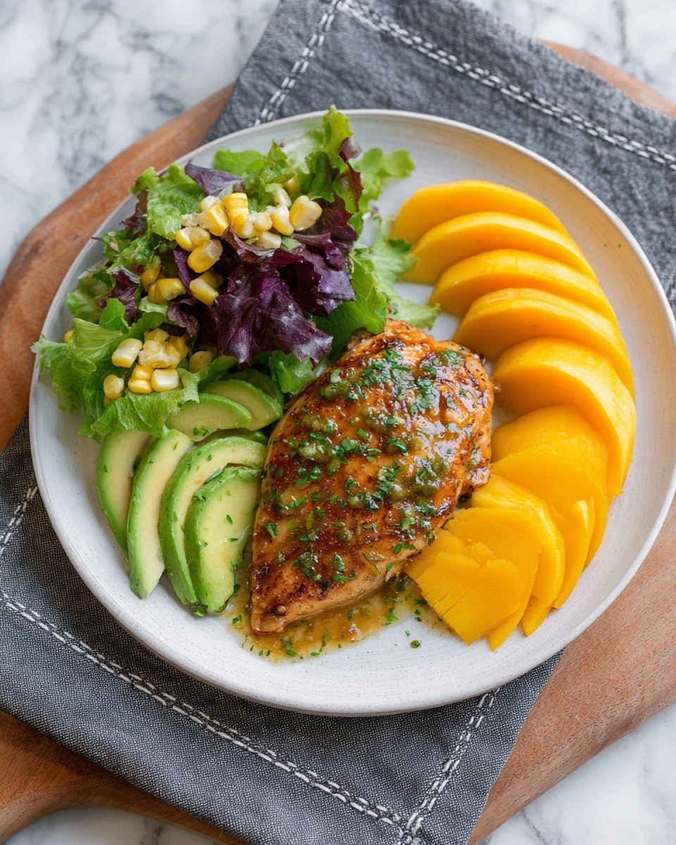 A white round plate holds a meal with four main parts: in the center is a single browned chicken piece sprinkled with green herbs and a light glaze of sauce; to the right are even, thin slices of orange mango arranged in a curved line; below the chicken are thin slices of green avocado fanned out neatly; on the left side is a small salad made of green and purple lettuce leaves mixed with small pieces of grilled corn kernels scattered on top. The plate sits on a gray cloth with white stitching over a wooden surface, all set against a white marbled background. photo taken with an iphone --ar 4:5 --v 7