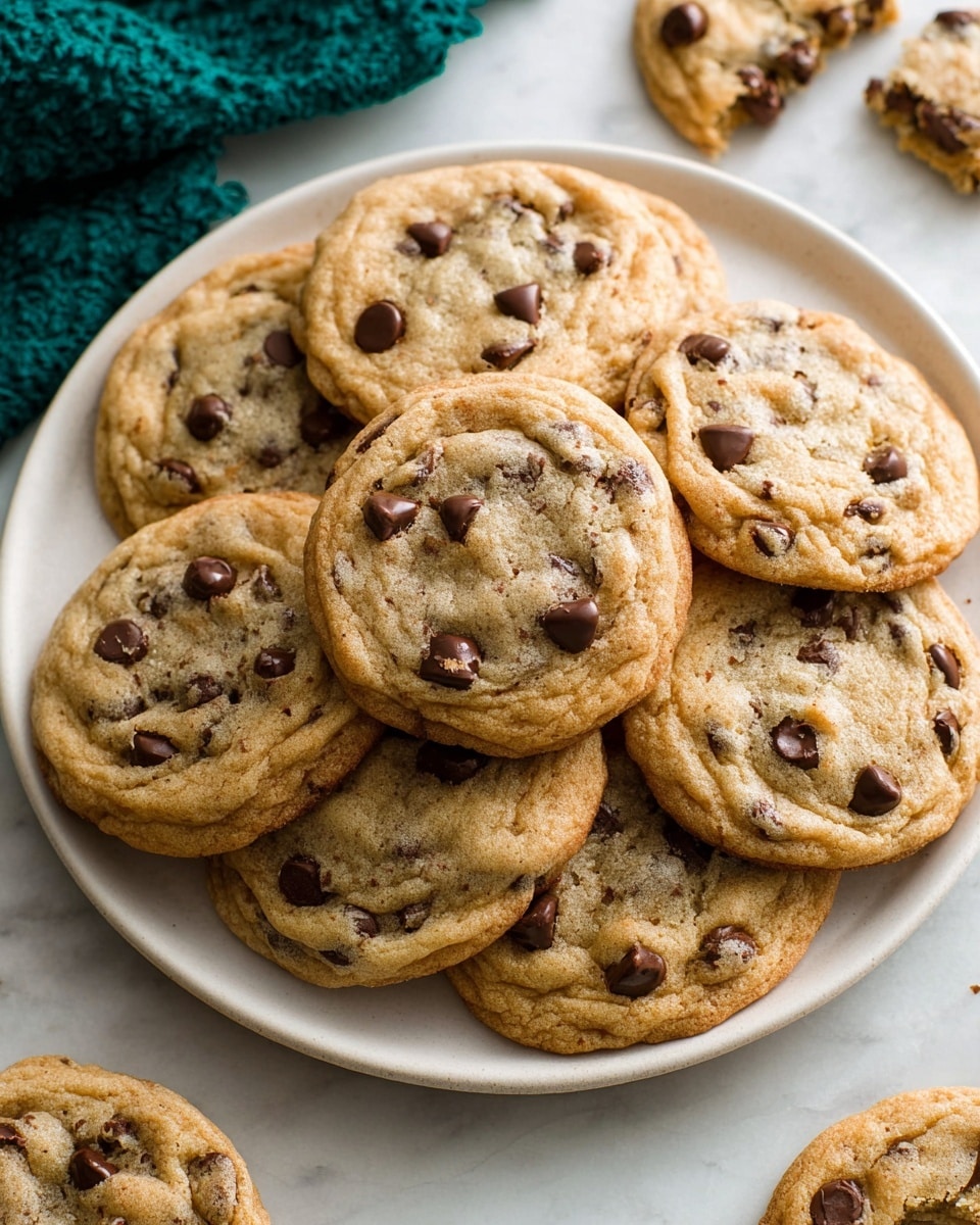 A group of light golden brown chocolate chip cookies is spread out in a loose pile on crumpled white paper. Each cookie has a soft texture with dark brown chocolate chips scattered unevenly across their surfaces. The cookies are round with slightly cracked tops and look slightly thick and chewy. A teal blue cloth with fringed edges is placed on the bottom right corner next to the cookies. The background is a white marbled texture photo taken with an iphone --ar 4:5 --v 7