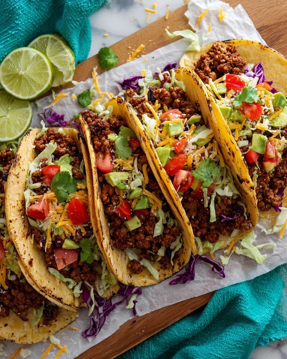 Four tacos are lined up on white parchment paper over a wooden board with a white marbled texture beneath. Each taco has two warm grilled corn tortillas forming the base, lightly browned with some char spots. Inside, layers start with a mix of finely shredded green and purple cabbage spread across the bottom, topped with crumbly cooked ground meat that is dark brown. Above the meat sit diced bright green avocado and chopped red tomatoes. The top layer is a sprinkle of shredded yellow and white cheese, along with fresh green cilantro leaves scattered throughout. Around the tacos, there are two lime wedges and some loose cabbage shreds. A teal cloth is placed to the left side of the board. Photo taken with an iphone --ar 4:5 --v 7