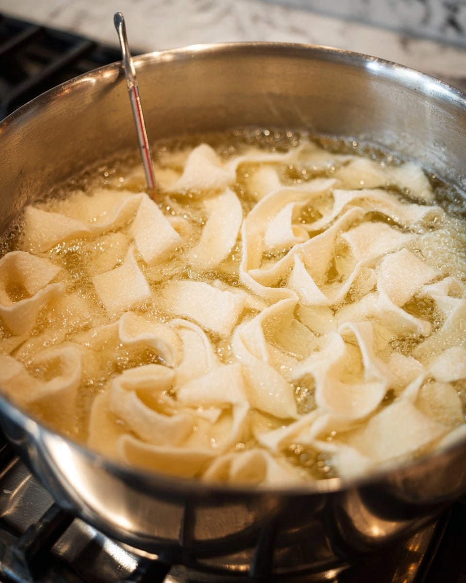 The image shows a close-up of a shiny silver pot filled with hot oil, bubbling as many wide, flat, off-white strips of dough fry inside it. The dough pieces vary in shape with some curled and others more stretched out, showing a soft, uneven texture. The pot is sitting on a stove with a white marbled surface visible beneath it. A metal thermometer is resting inside the pot, standing upright among the frying dough strips. Photo taken with an iphone --ar 4:5 --v 7