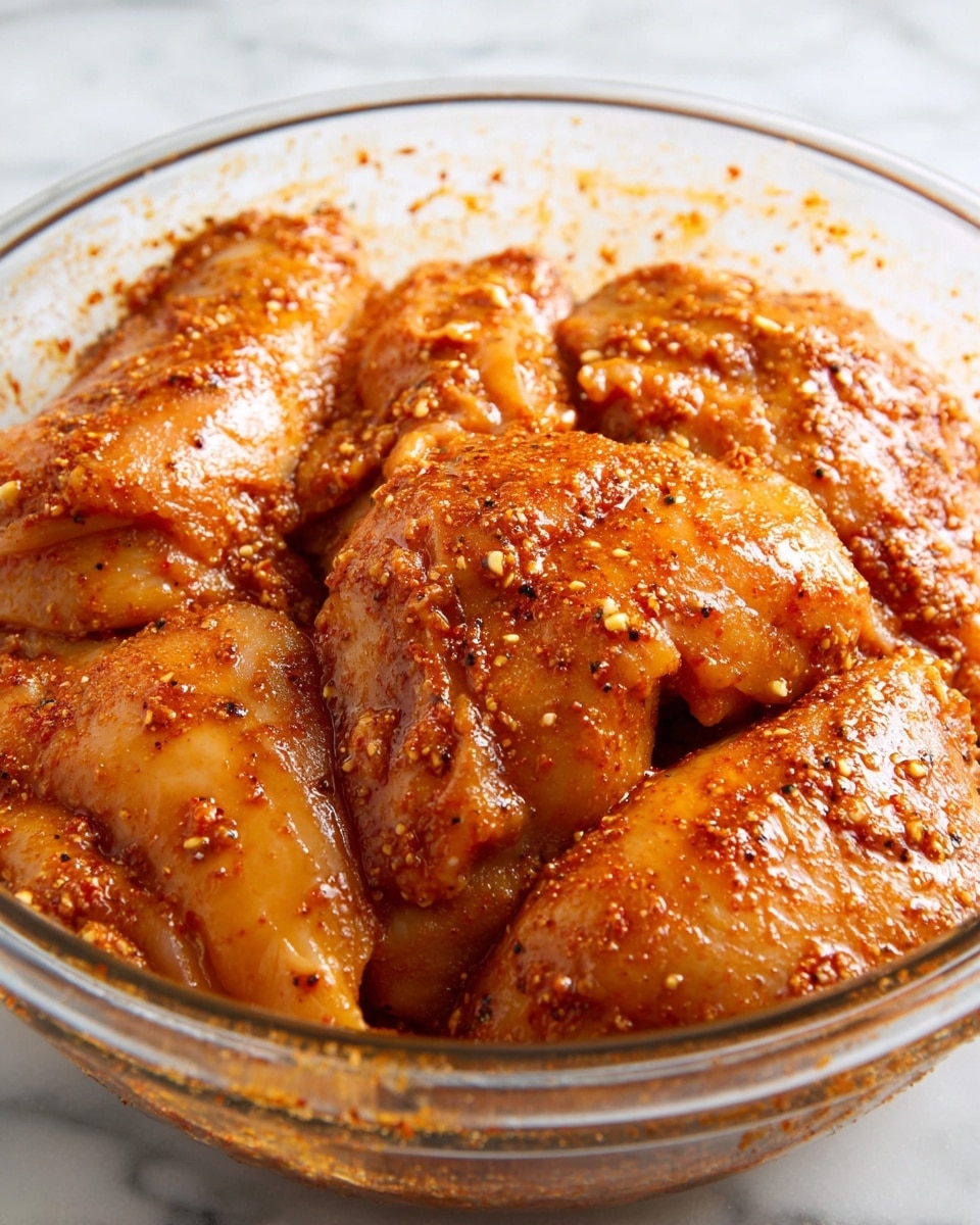 A clear glass bowl holds several pieces of raw chicken coated with a thick, orange-red spice mix with visible small bits of garlic and black pepper. The chicken pieces are layered close together, showing smooth and slightly shiny surfaces from the marinade. The background is a white marbled texture, softly lit to highlight the rich colors and textures of the chicken and spices. Photo taken with an iphone --ar 4:5 --v 7