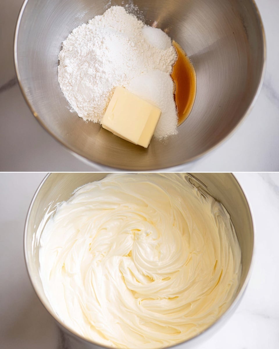 The top part of the image shows a silver mixing bowl with separate ingredients inside: a white powdered layer on the left and right sides, a light yellow rectangular block of butter in the middle, and a small pool of light brown liquid near the top right corner. The bottom part of the image shows the same silver bowl filled with a smooth, thick, creamy white mixture with swirled textures, indicating the ingredients have been combined and whipped. The scene is set on a white marbled surface. photo taken with an iphone --ar 4:5 --v 7