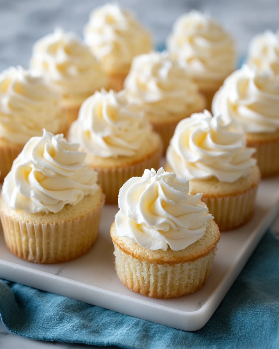 The image shows several vanilla cupcakes with creamy white frosting on top, arranged on a white marbled surface. One cupcake is peeled from its white wrapper, revealing a soft, light golden-yellow cake inside with a moist texture and small air holes. The frosting on top is smooth and swirled, sitting on one side of the opened cupcake. The other cupcakes are fully wrapped and topped with thick, swirled frosting of a soft ivory shade. Photo taken with an iphone --ar 4:5 --v 7