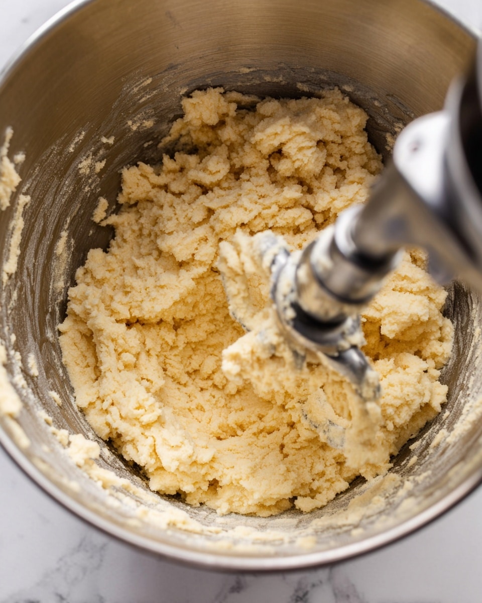 The image shows a close-up of a metal mixing bowl with a dough hook attachment inside, working on a light yellow dough mixture that looks crumbly and soft. The dough is uneven and rough in texture, with small clumps sticking to the sides of the mixing bowl. The metal hook is partially covered with the dough as it stirs. The bowl sits on a white marbled surface, and the focus is on the dough and the dough hook moving through it. photo taken with an iphone --ar 4:5 --v 7