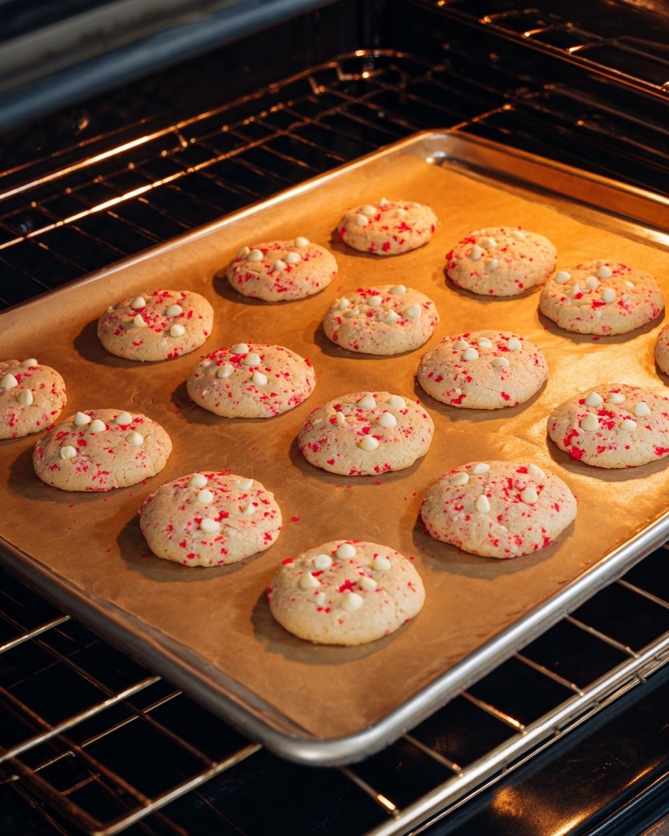 The image shows a silver baking tray inside an oven with twelve round cookies baking on a sheet of brown parchment paper. Each cookie is light beige with red speckles throughout and white chocolate chips scattered on top. The cookies are slightly risen and spread out evenly in three rows and four columns. The oven rack is metallic and the background reveals the oven’s dark interior. photo taken with an iphone --ar 4:5 --v 7