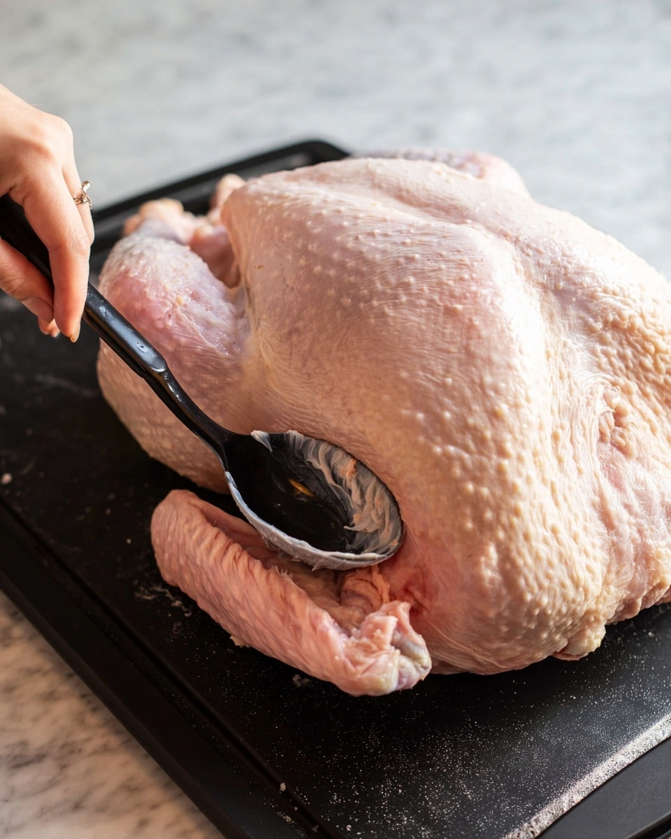 A close-up image shows a large raw turkey on a black cutting board placed on a white marbled surface. The turkey has a pale pink skin layer with a slightly bumpy texture, closely covering the thick meat underneath that appears light pink with some moist areas. A woman's hand is holding a black spoon, lifting the skin gently to reveal the meat beneath. The spoon contrasts with the pale turkey skin and the smooth white marbled surface in the background creates a clean setting. photo taken with an iphone --ar 4:5 --v 7