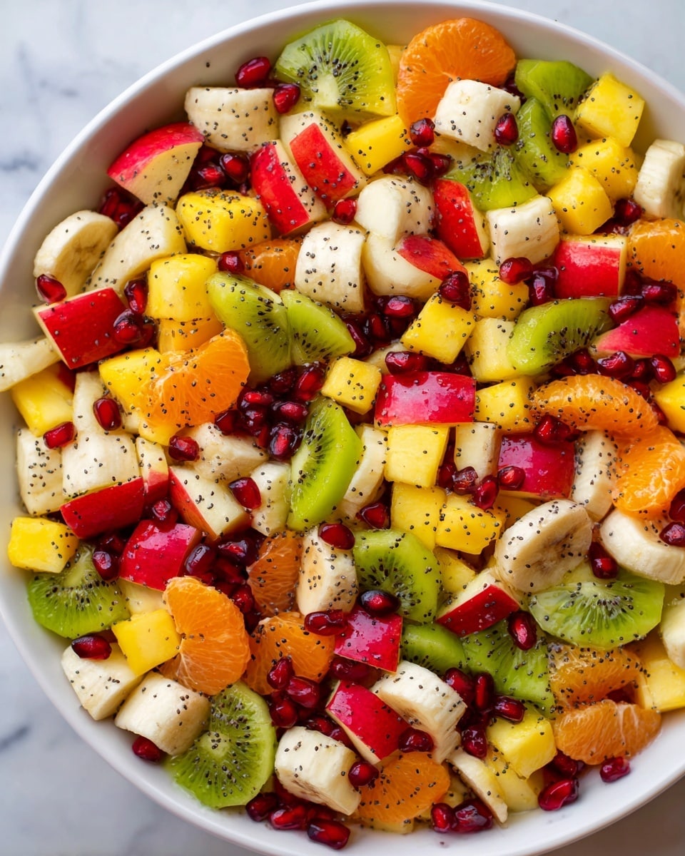 A large white bowl filled with a colorful fruit salad showing several layers of chopped fruits including red apple pieces with skin, bright green kiwi slices with black seeds, round yellow mango cubes, banana slices with light cream color, orange tangerine segments, and small shiny red pomegranate seeds scattered throughout. Tiny black poppy seeds are sprinkled evenly over all the fruit giving a speckled texture. The fruits are mixed closely together on a white marbled surface background. photo taken with an iphone --ar 4:5 --v 7